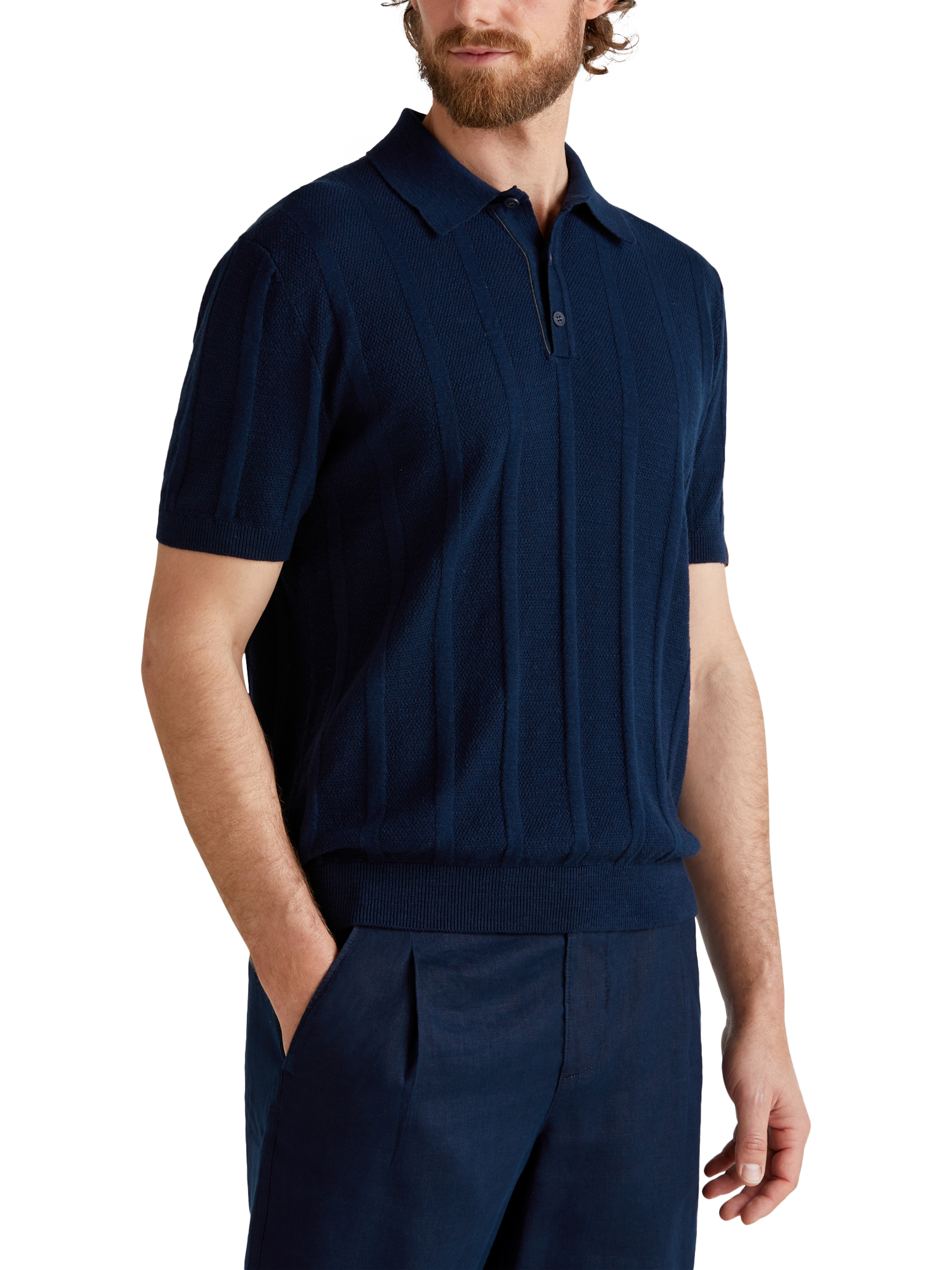 Product image 1 of 6, which shows Benetton Linen Blend Regular Fit Short Sleeve Knitted Polo Shirt, Night Blue, XXL