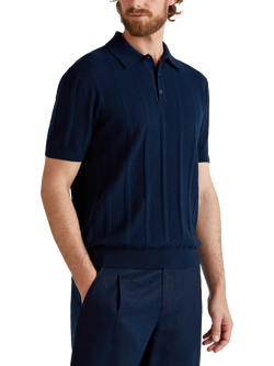 Benetton Linen Blend Regular Fit Short Sleeve Knitted Polo Shirt, Night Blue, Night Blue