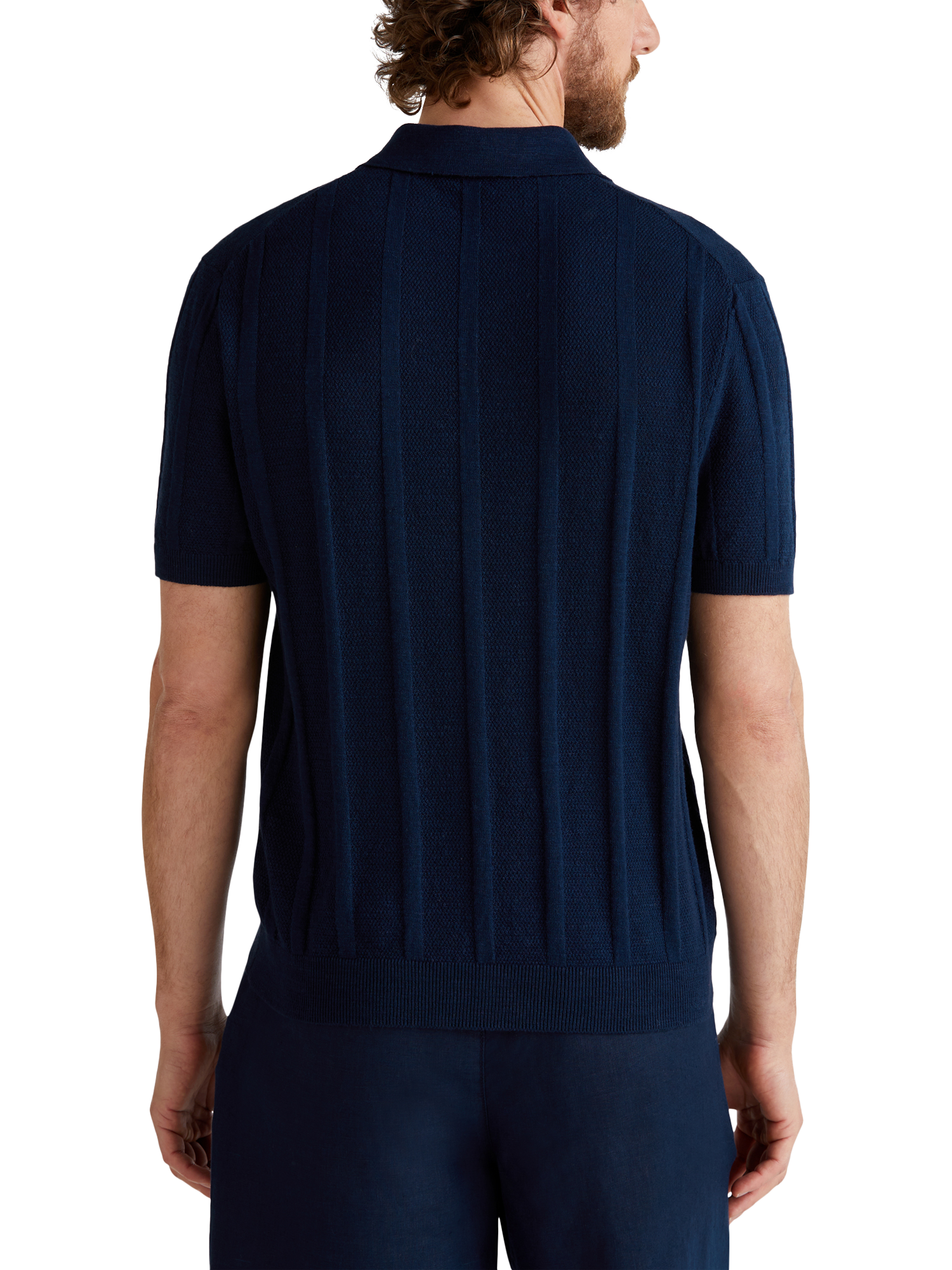 Product image 2 of 6, which shows Benetton Linen Blend Regular Fit Short Sleeve Knitted Polo Shirt, Night Blue, XXL