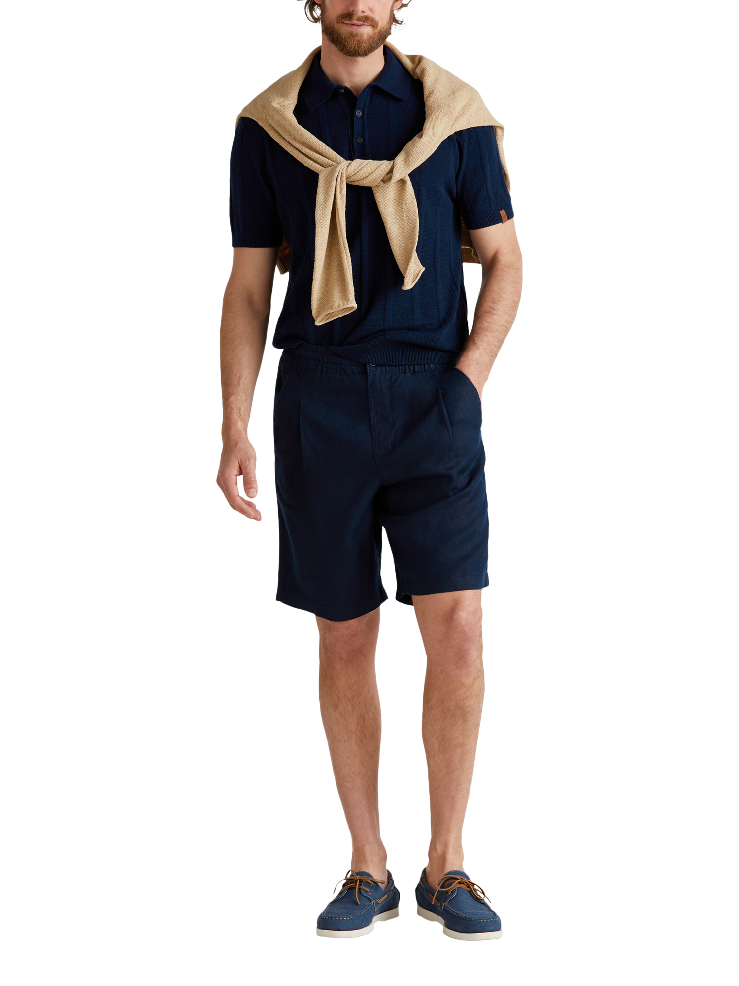Product image 3 of 6, which shows Benetton Linen Blend Regular Fit Short Sleeve Knitted Polo Shirt, Night Blue, XXL