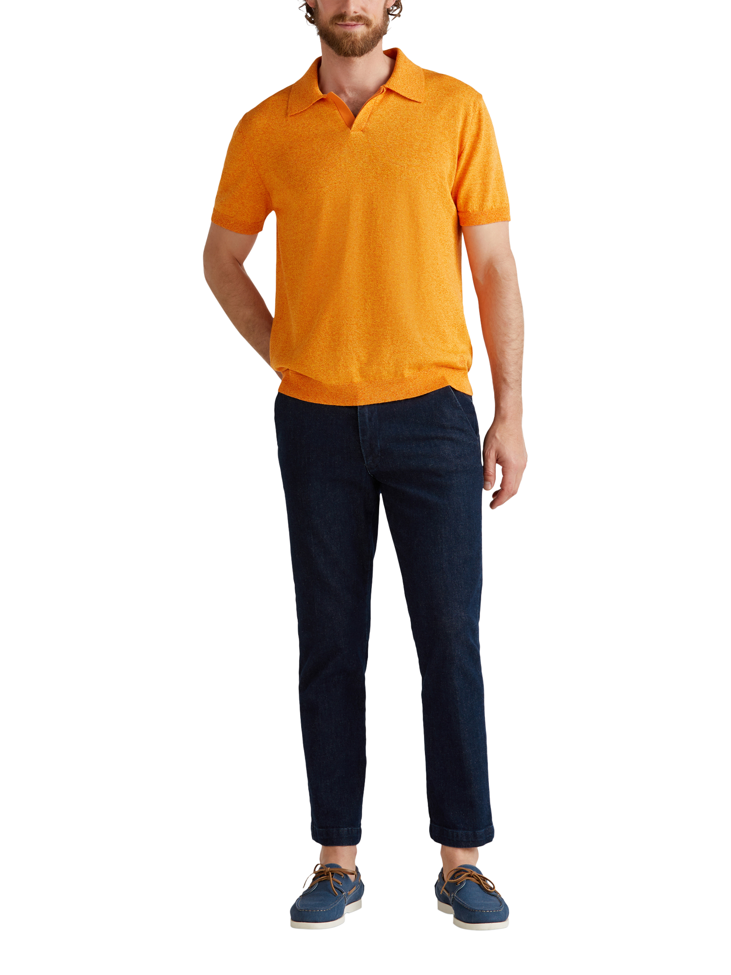 Product image 3 of 6, which shows Benetton Regular Fit Buttonless Short Sleeve Polo Shirt, Orange, XXL