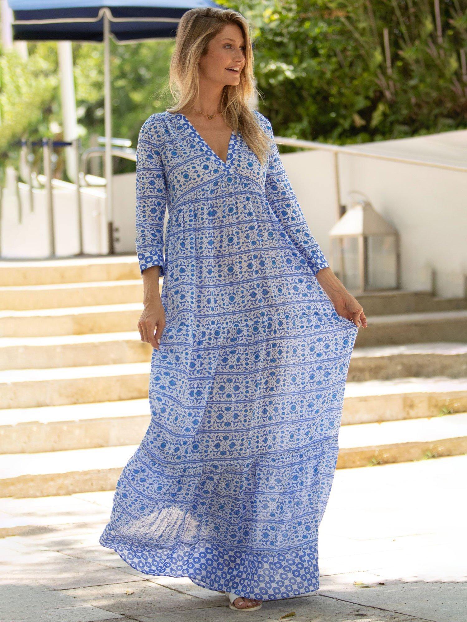 Product image 2 of 4, which shows Aspiga Mykonos Tile Effect Maxi Dress, White/Blue, XS