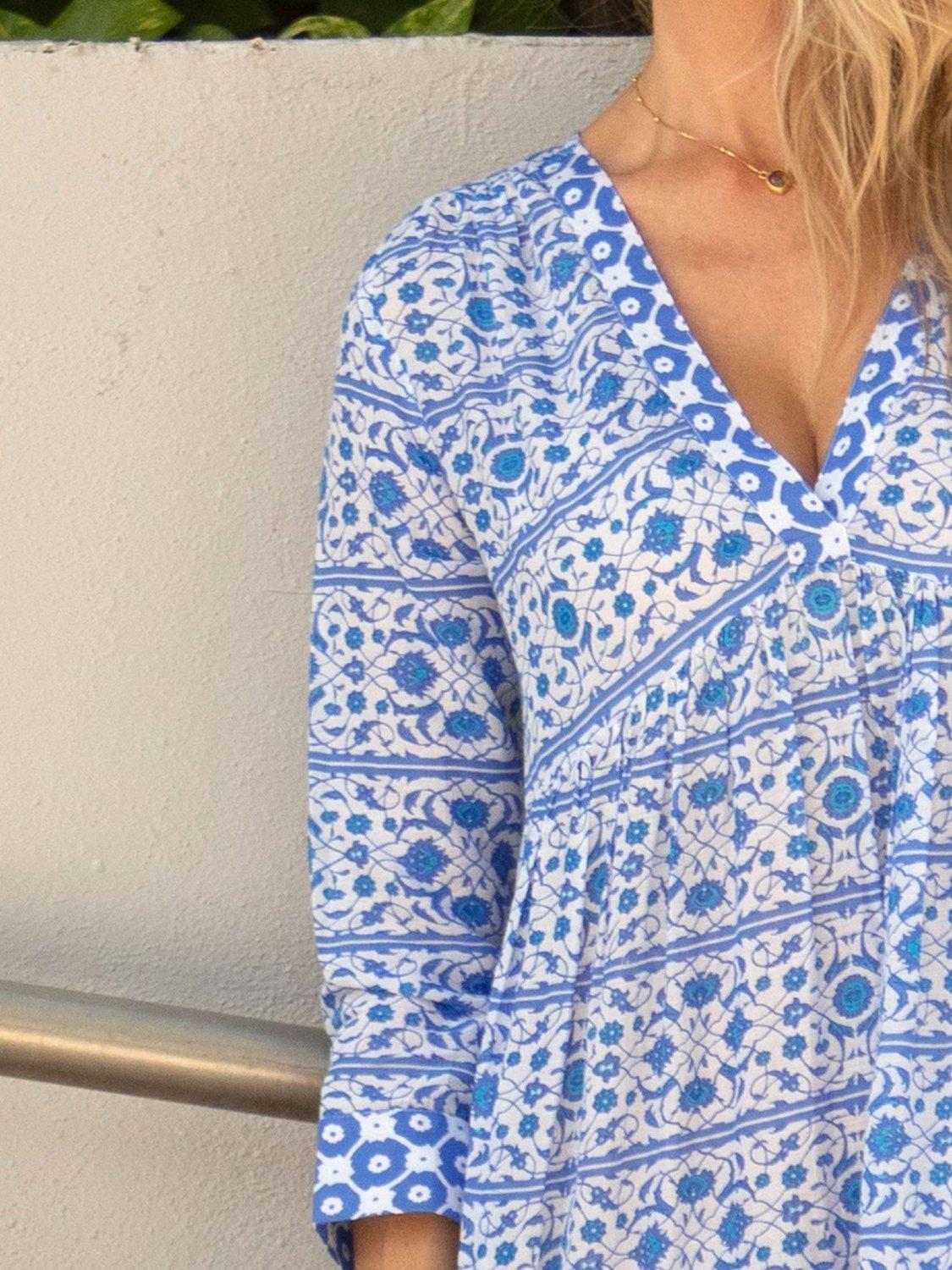 Product image 3 of 4, which shows Aspiga Mykonos Tile Effect Maxi Dress, White/Blue, XS