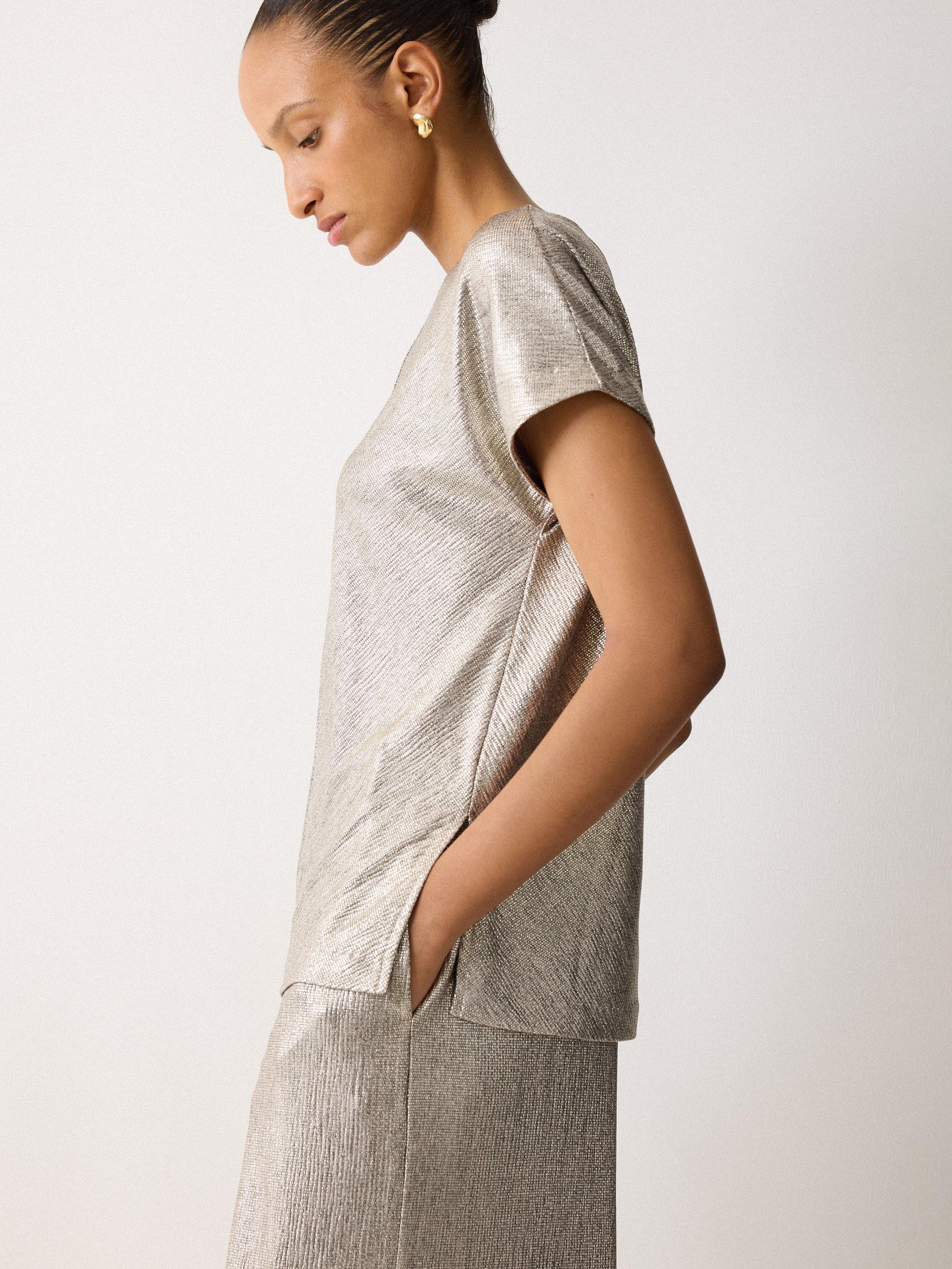 Product image 3 of 7, which shows Jigsaw Metallic Cap Sleeve Jersey Top, Gold, XS