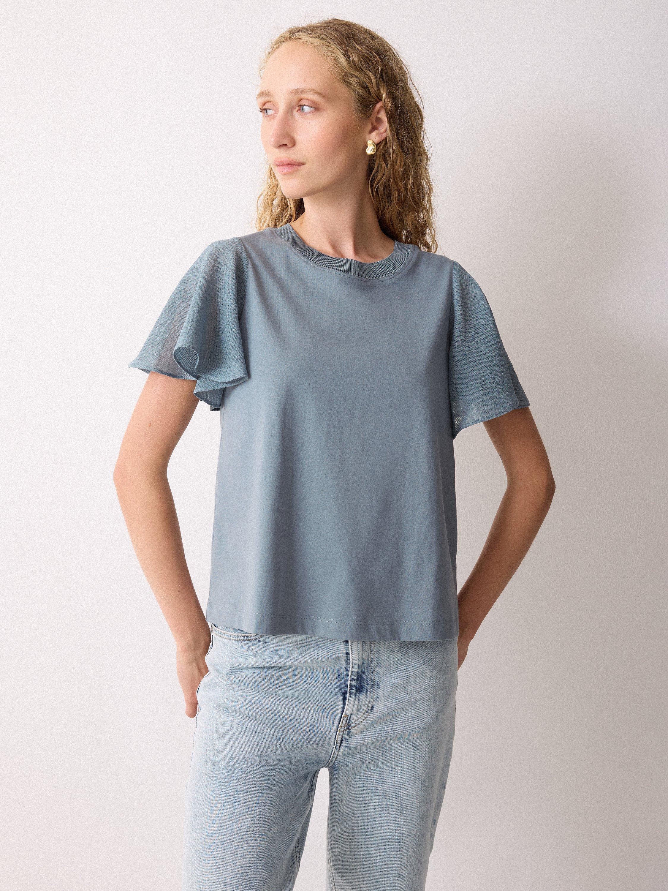 Product image 1 of 5, which shows Jigsaw Gauze Sleeve Jersey Top, Blue, XS