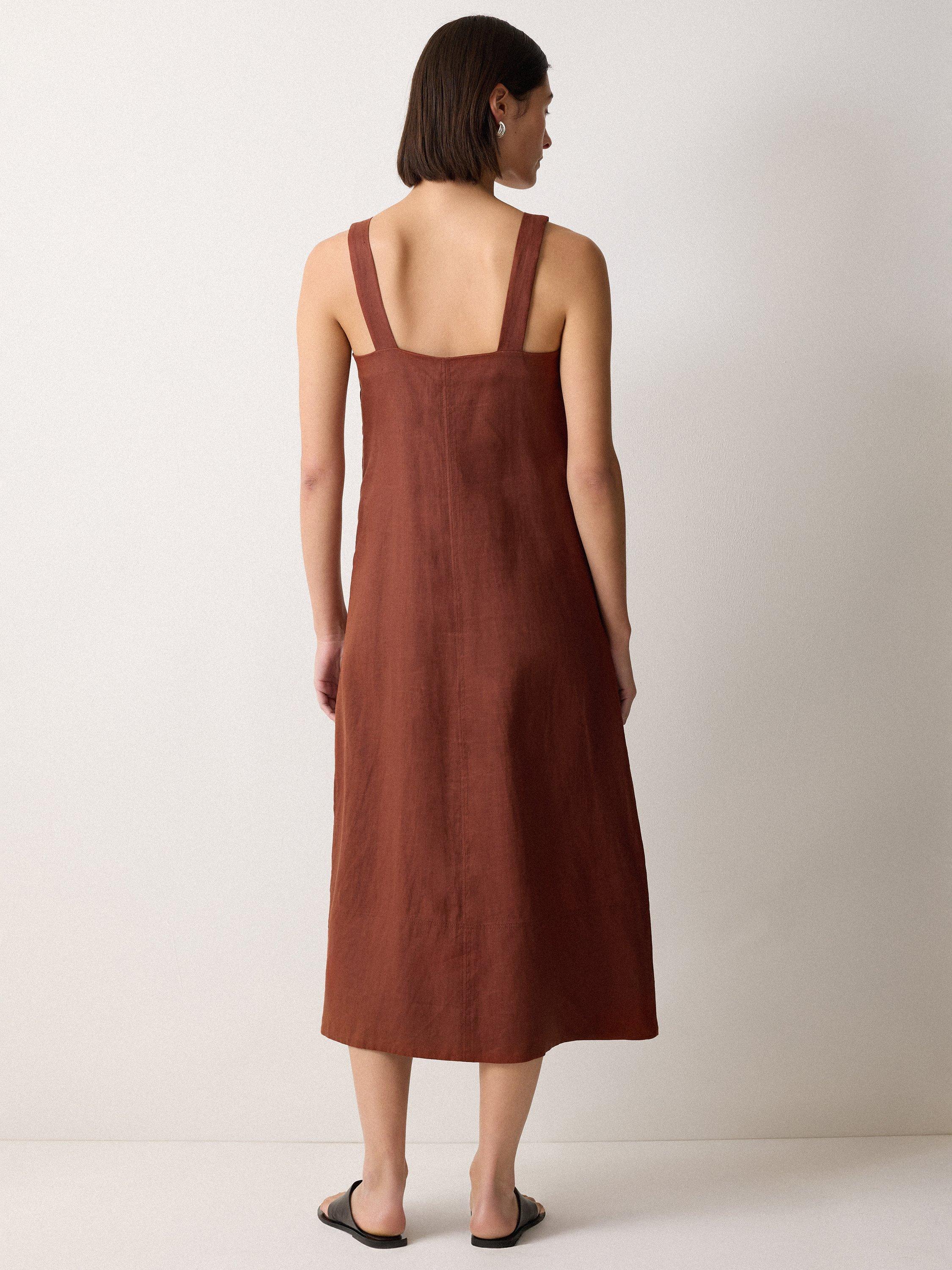 Product image 2 of 6, which shows Jigsaw Linen Sleeveless Square Neck Midi Dress, Brown, 8