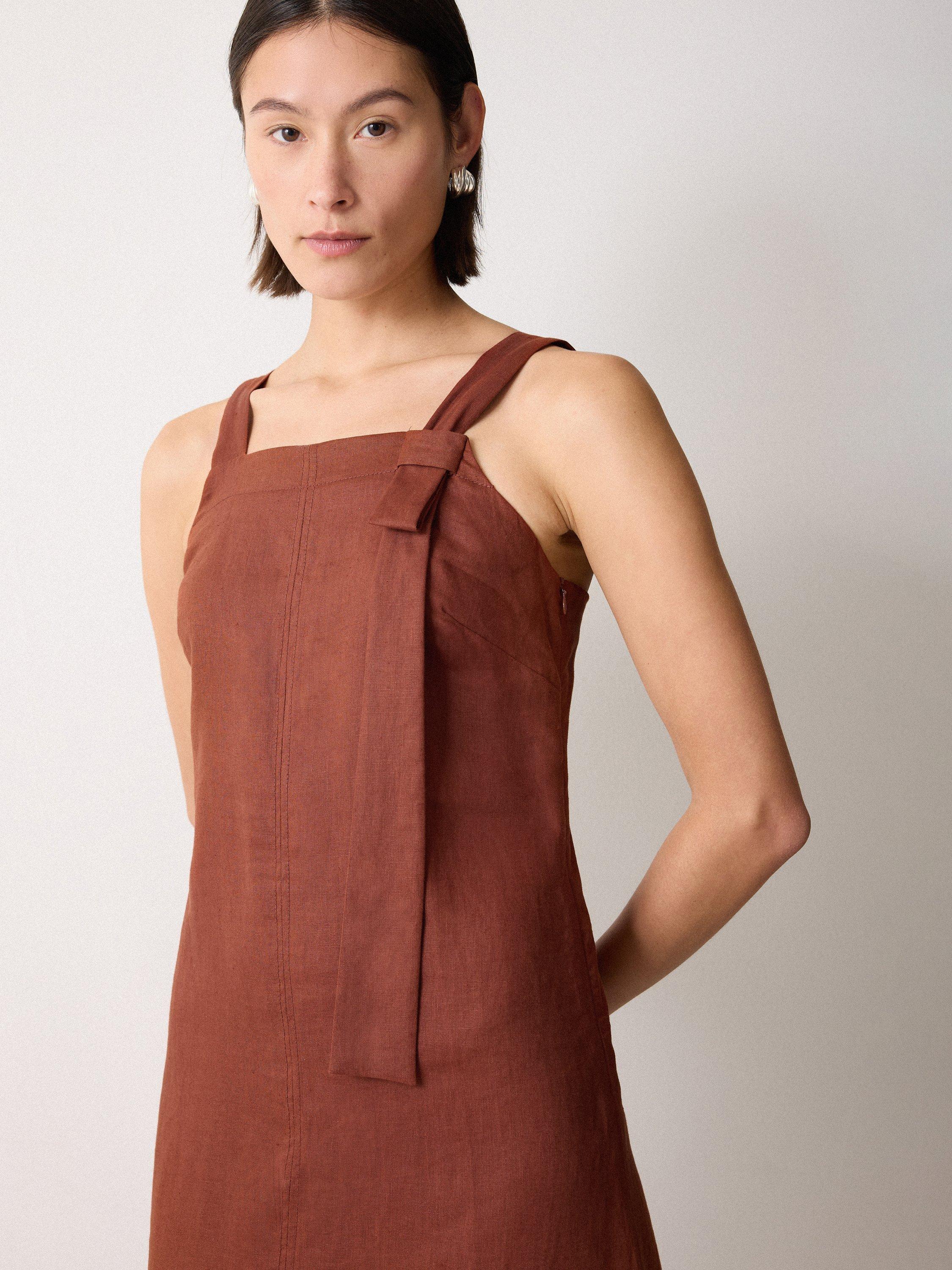 Product image 3 of 6, which shows Jigsaw Linen Sleeveless Square Neck Midi Dress, Brown, 8
