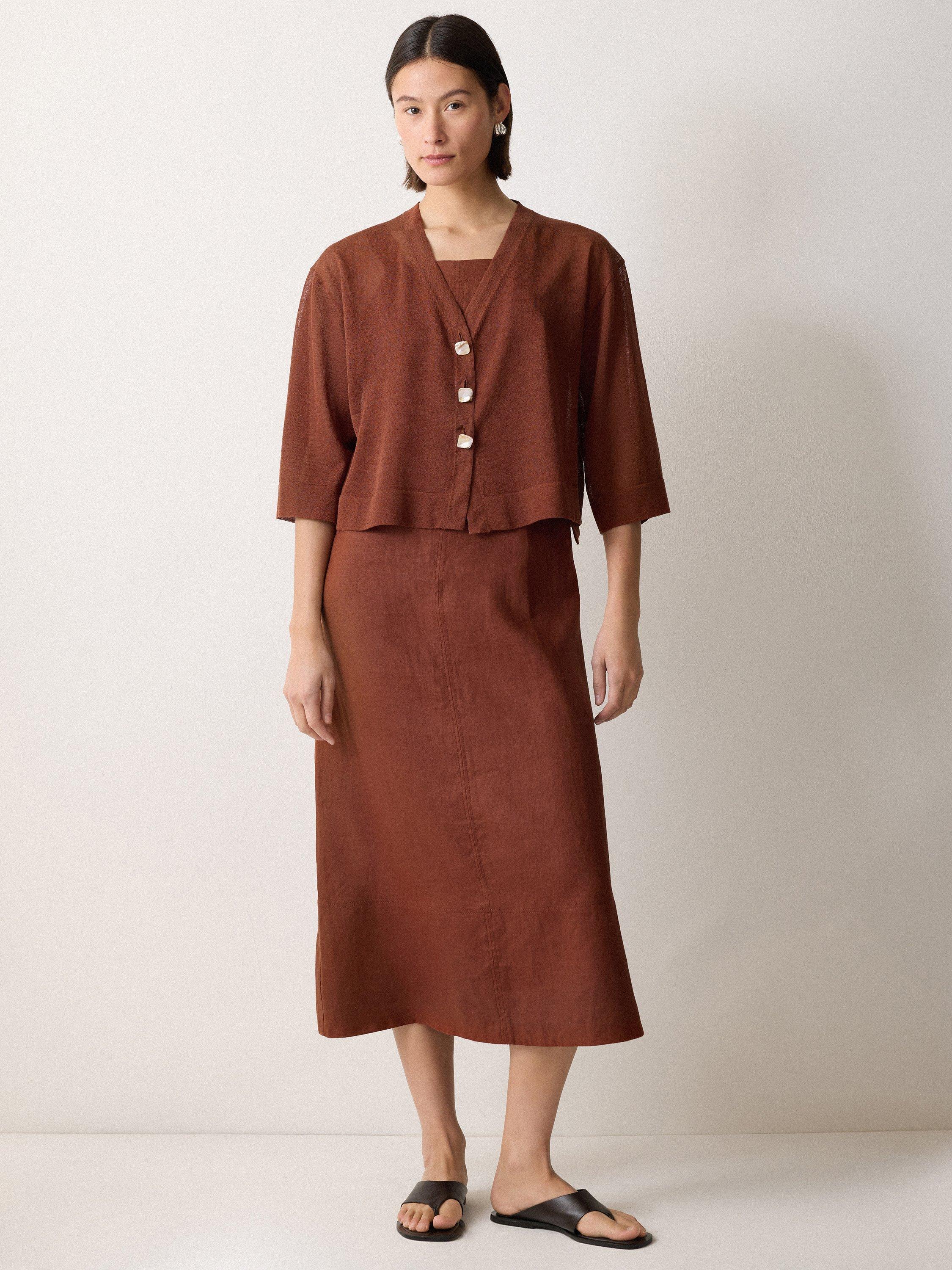 Product image 4 of 6, which shows Jigsaw Linen Sleeveless Square Neck Midi Dress, Brown, 8