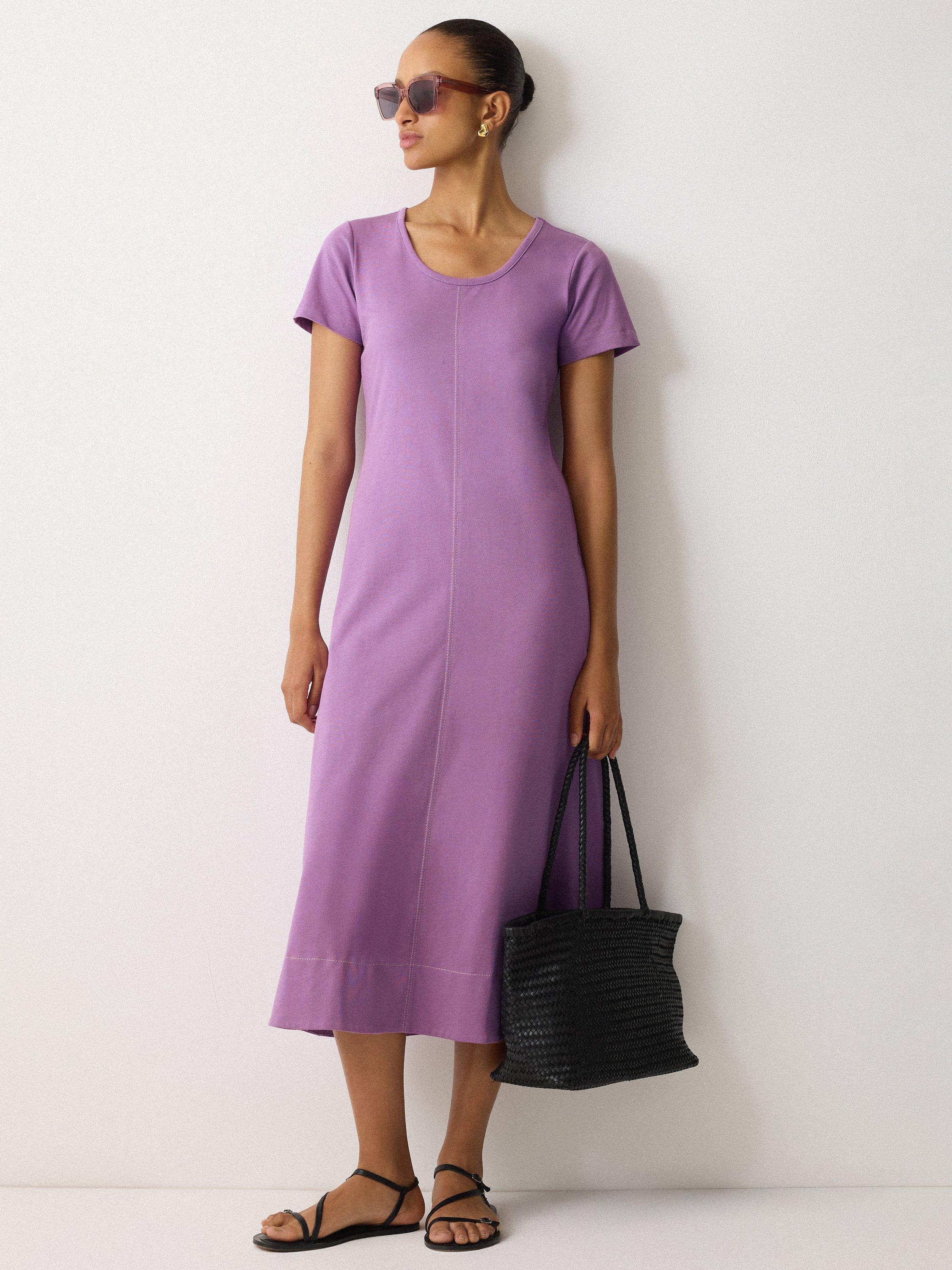 Product image 4 of 5, which shows Jigsaw Cotton Short Sleeved Midi T-Shirt Dress, Purple, XS