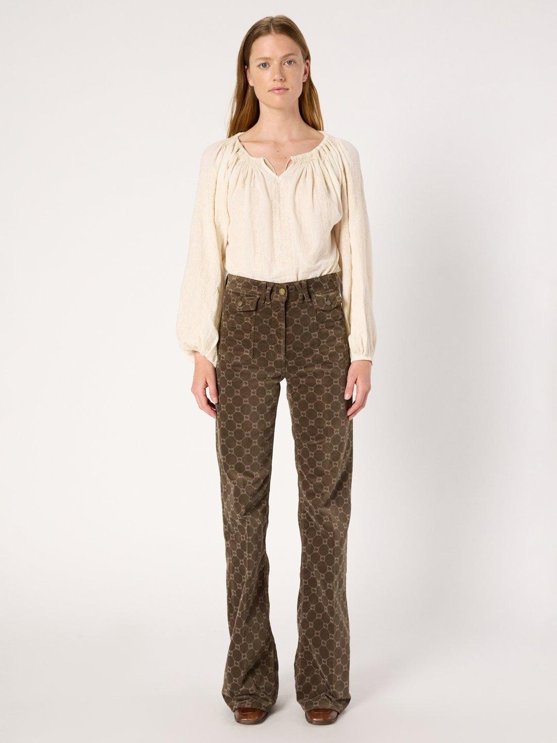 Product image 2 of 6, which shows Gerard Darel Anna Logo Print Flared Trousers, Coffee, 10