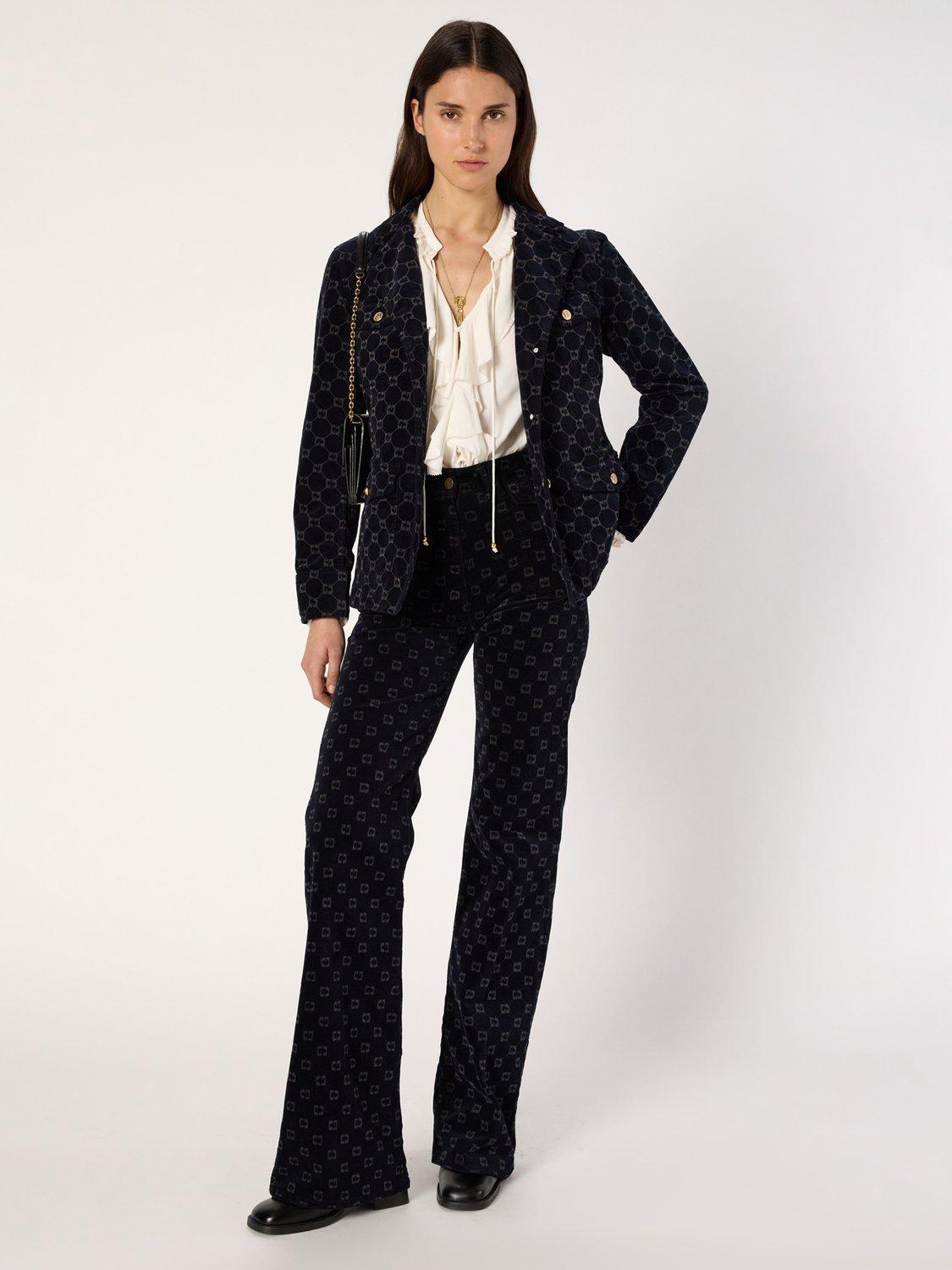 Product image 1 of 6, which shows Gerard Darel Anna Logo Print Flared Trousers, Navy, 10