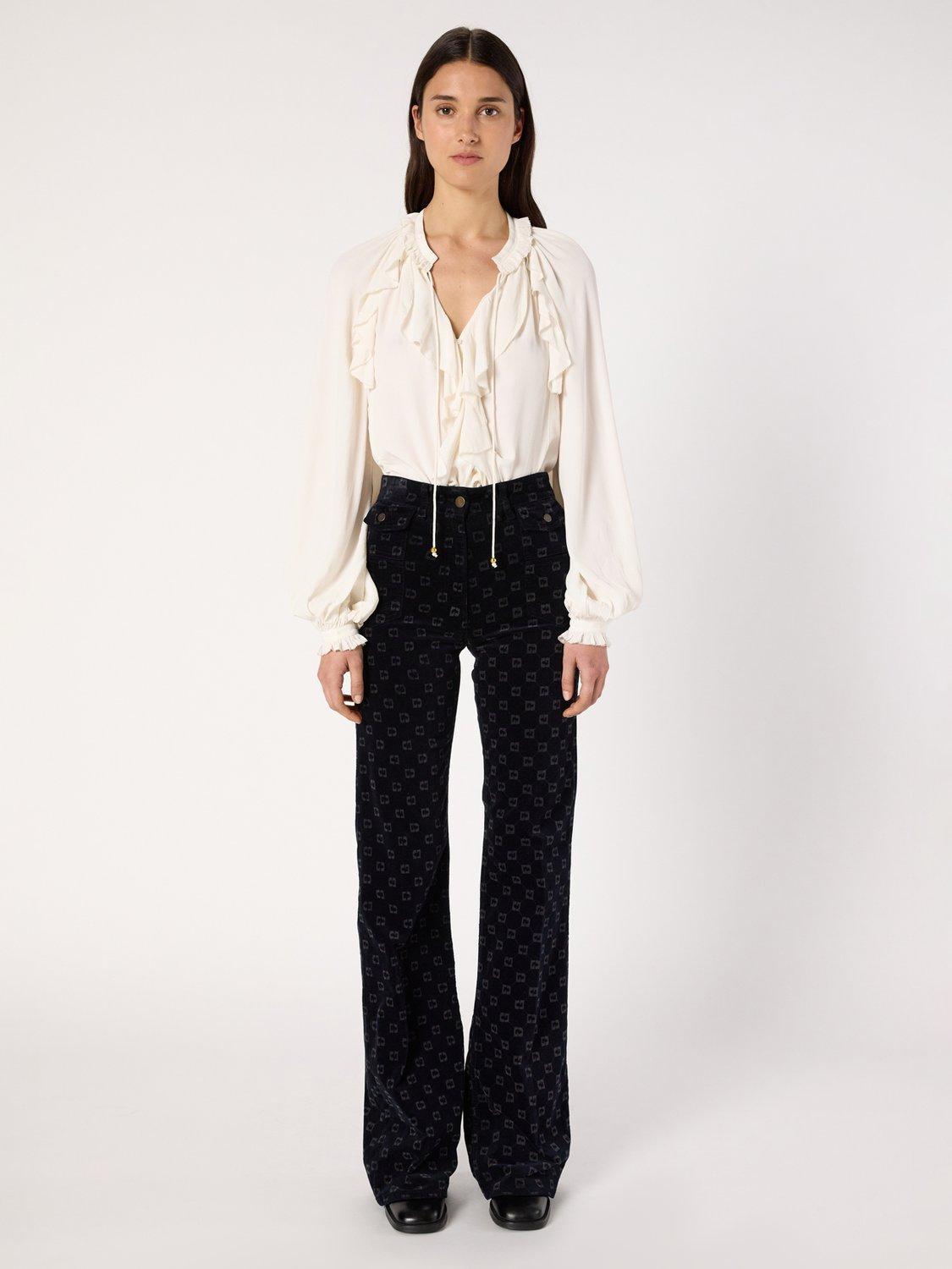 Product image 2 of 6, which shows Gerard Darel Anna Logo Print Flared Trousers, Navy, 10