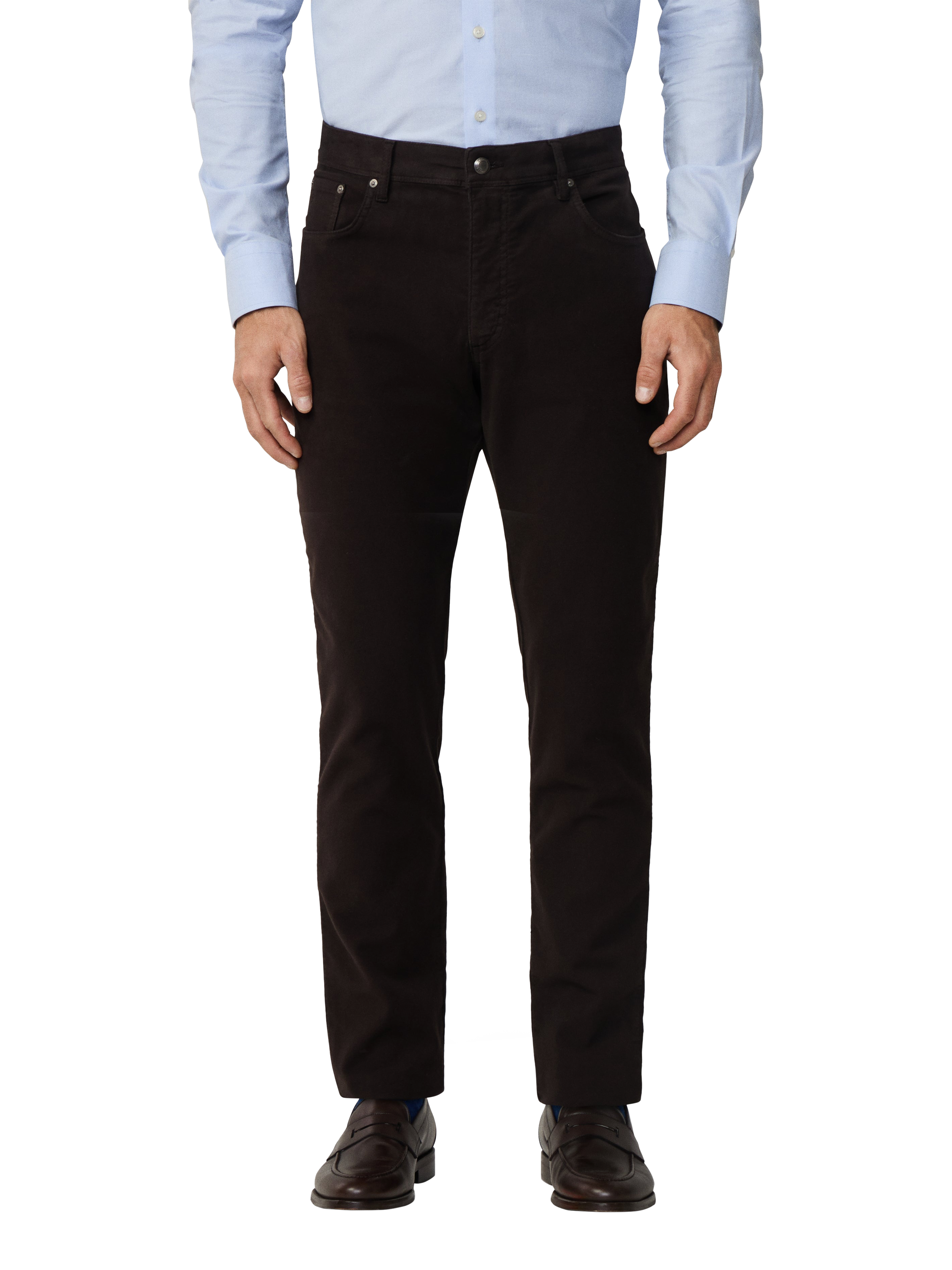 Product image 1 of 8, which shows Hackett London Regular Fit Trinity Moleskin 5 Pocket Trousers, Dark Brown, 28R