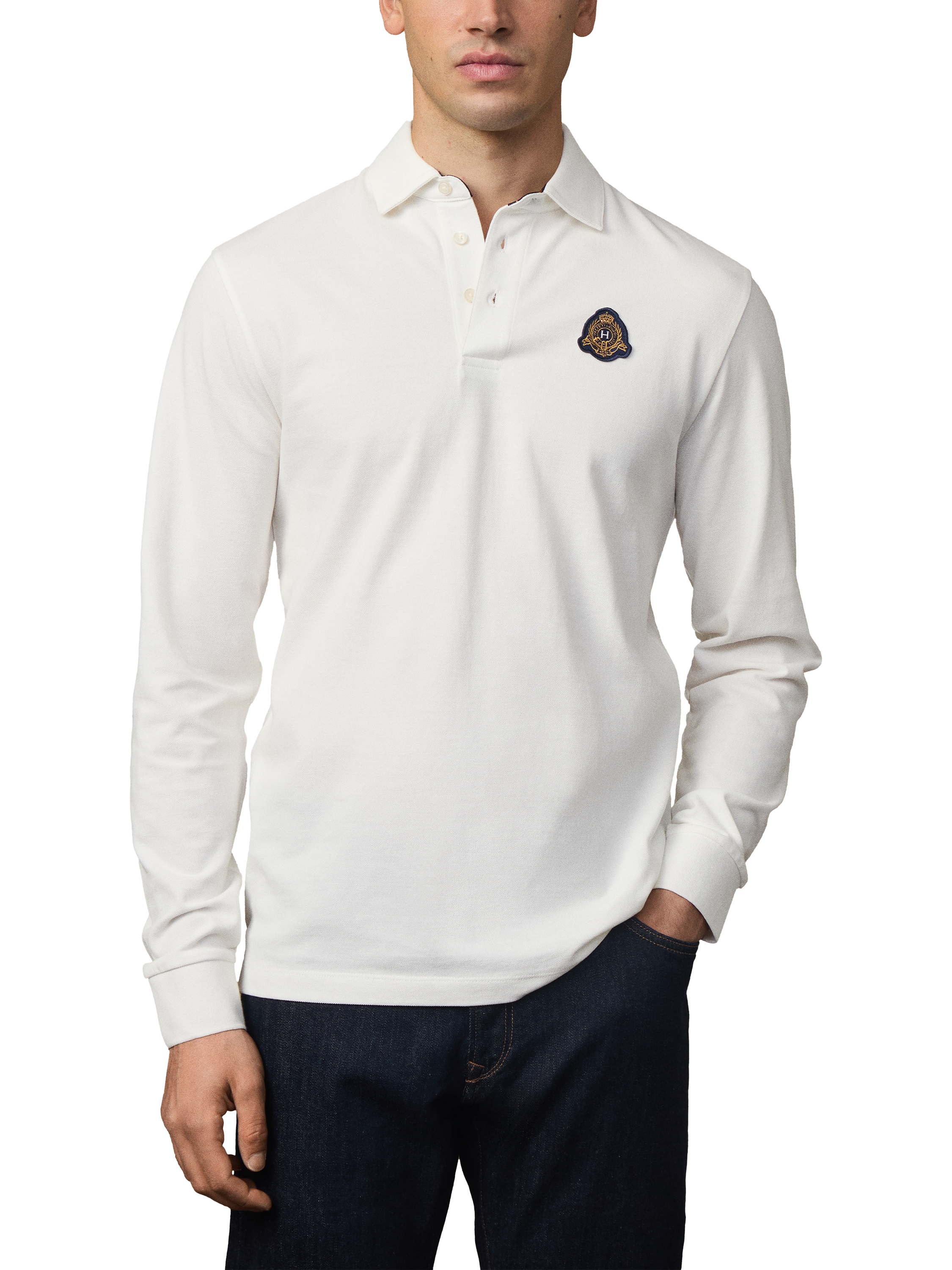 Product image 1 of 5, which shows Hackett London Heritage Long Sleeve Crest Polo, Off White, XXL