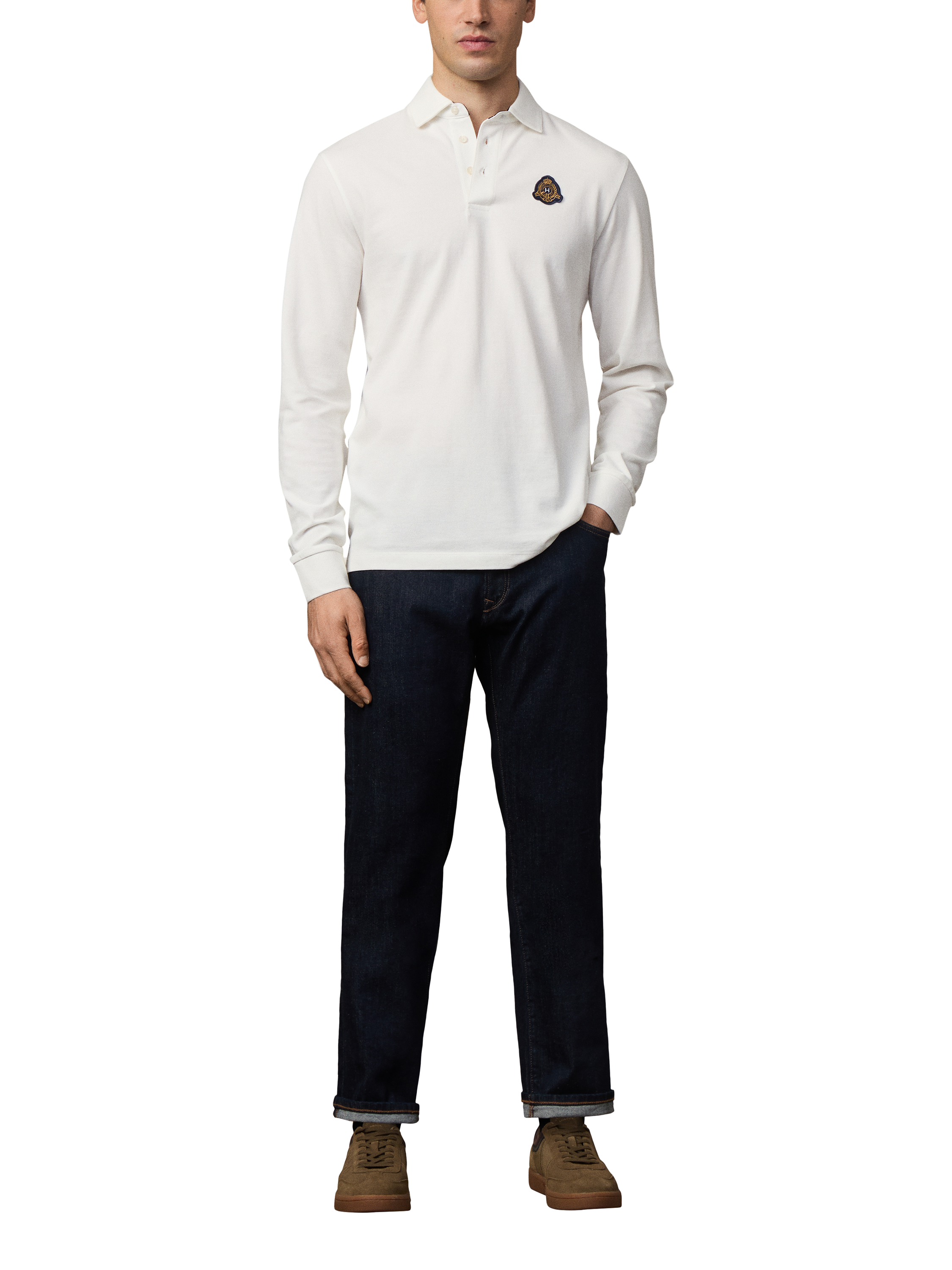 Product image 2 of 5, which shows Hackett London Heritage Long Sleeve Crest Polo, Off White, XXL