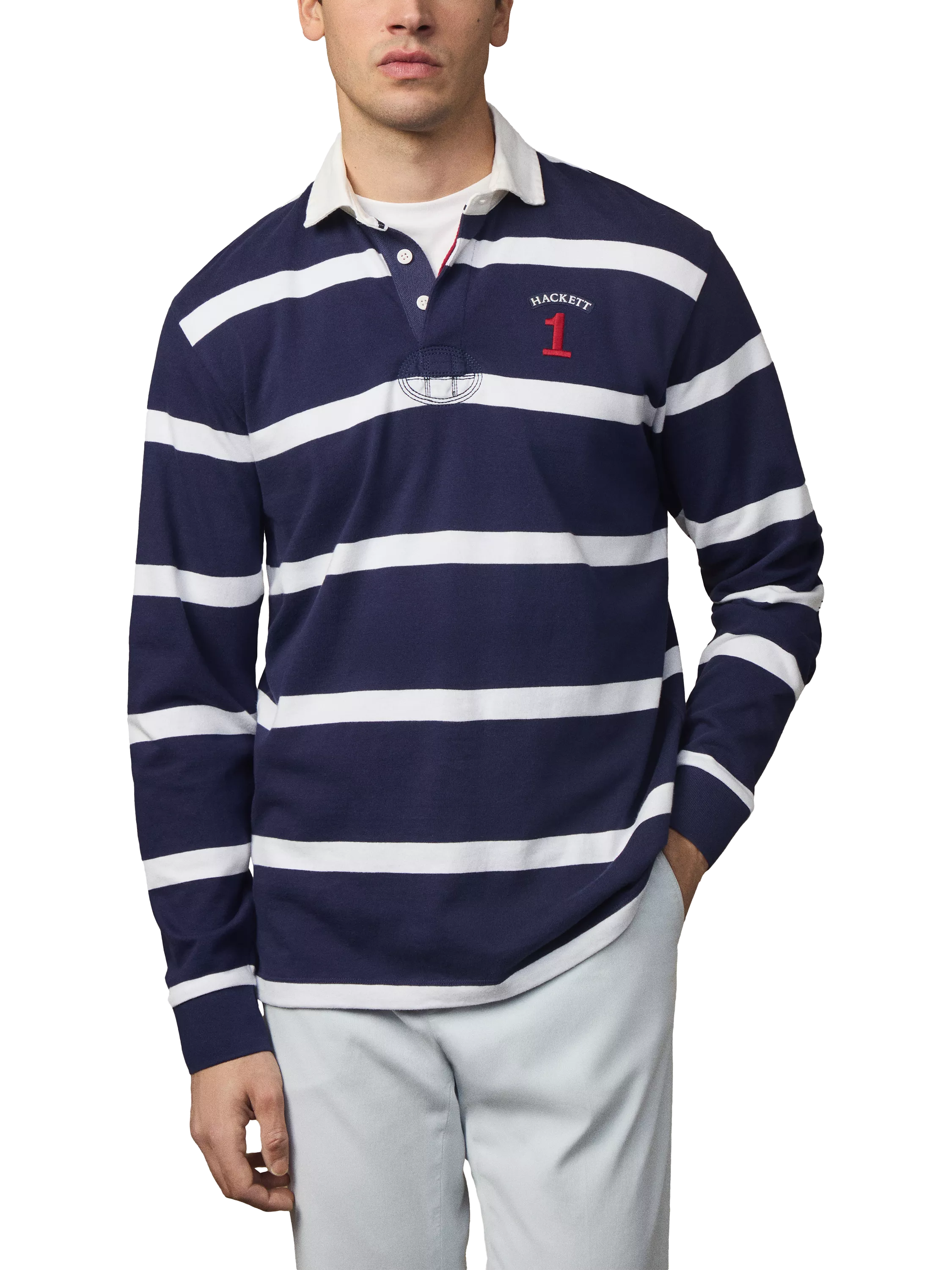 Hackett London Heritage Number Striped Rugby Shirt, Ink Blue