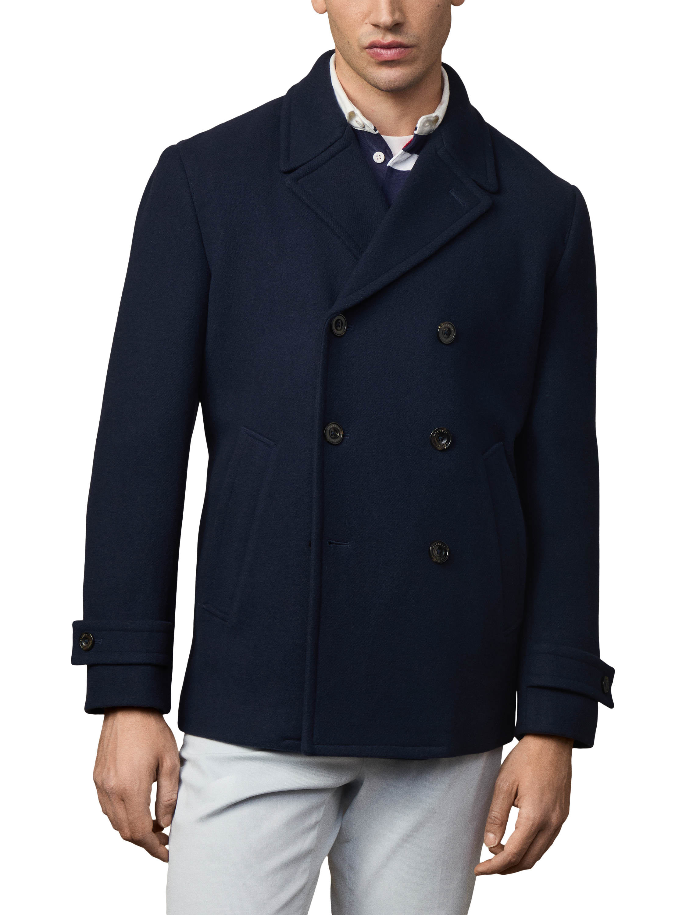 Product image 1 of 5, which shows Hackett London Heritage Greenwich Wool Blend Peacoat, Midnight Blue, XXL