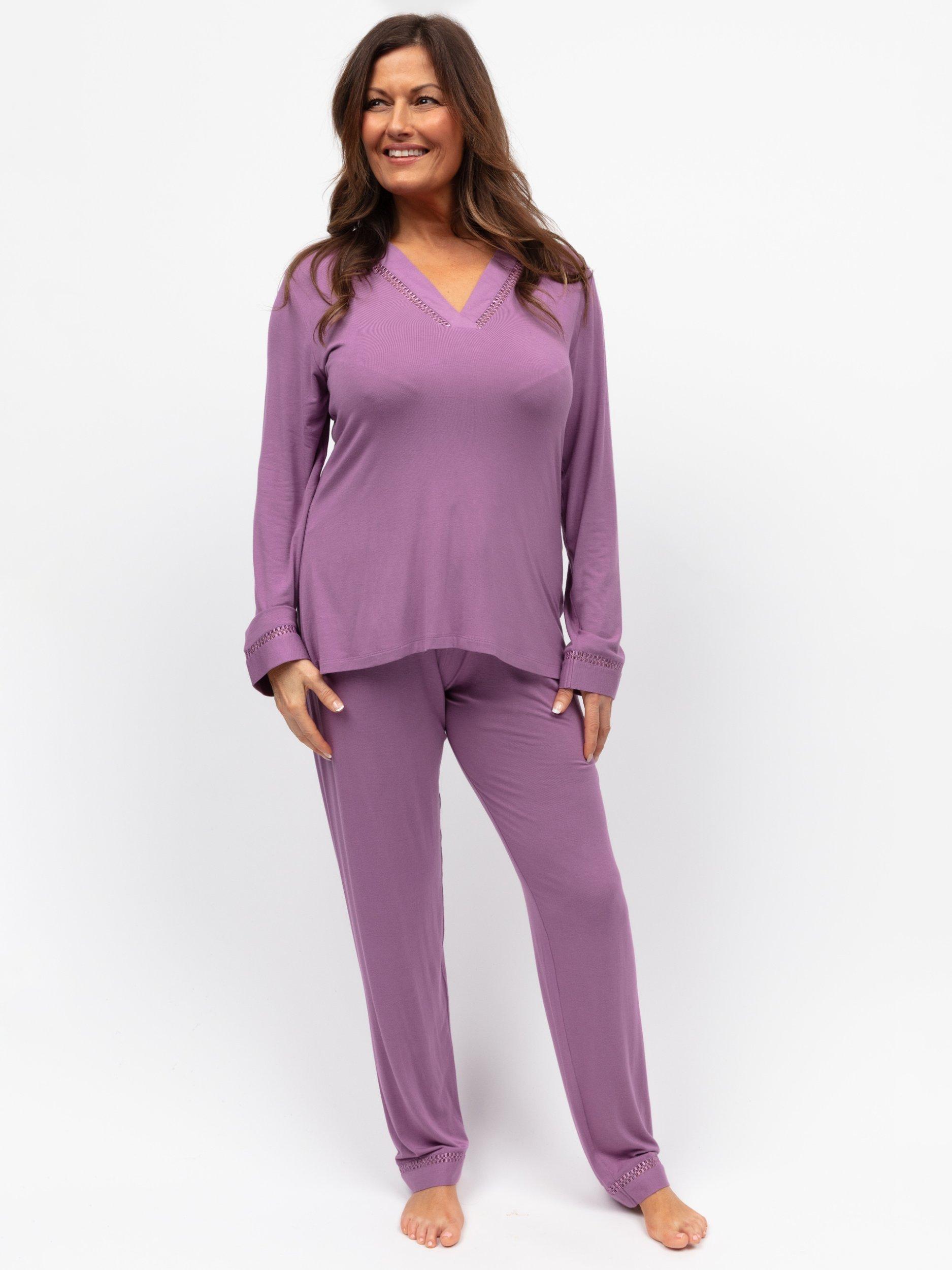 Product image 1 of 4, which shows Cyberjammies Lace Trim Long Sleeve Long Pyjama Set, Mauve, 8
