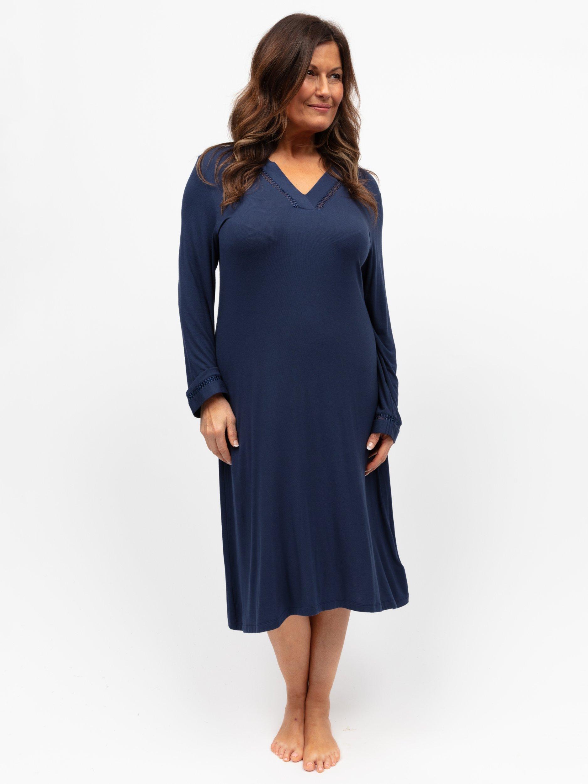 Product image 1 of 3, which shows Cyberjammies Lace Insert Jersey Nightdress, Navy, 8