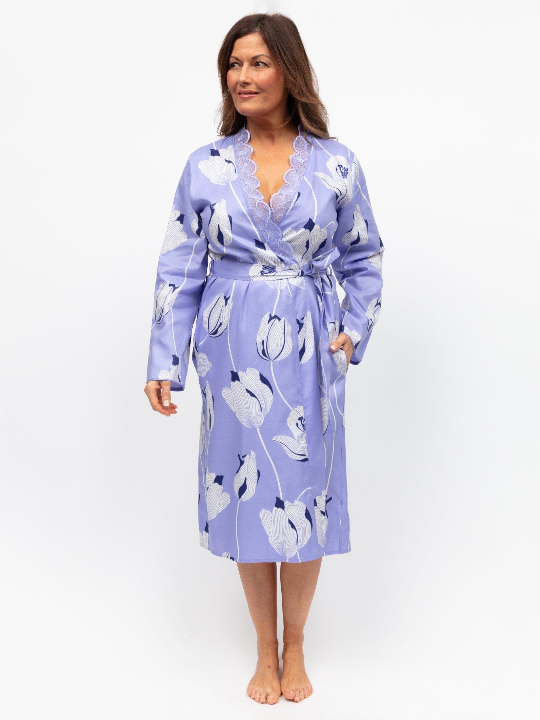 Product image 1 of 3, which shows Cyberjammies Floral Lace Trim Midi Dressing Gown, Lilac, 8
