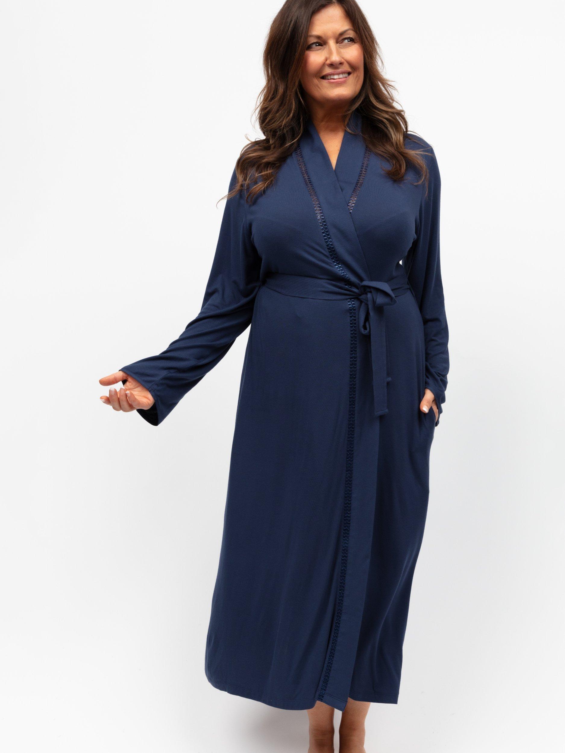Product image 1 of 3, which shows Cyberjammies Plain Lace Insert Long Dressing Gown, Navy, 8