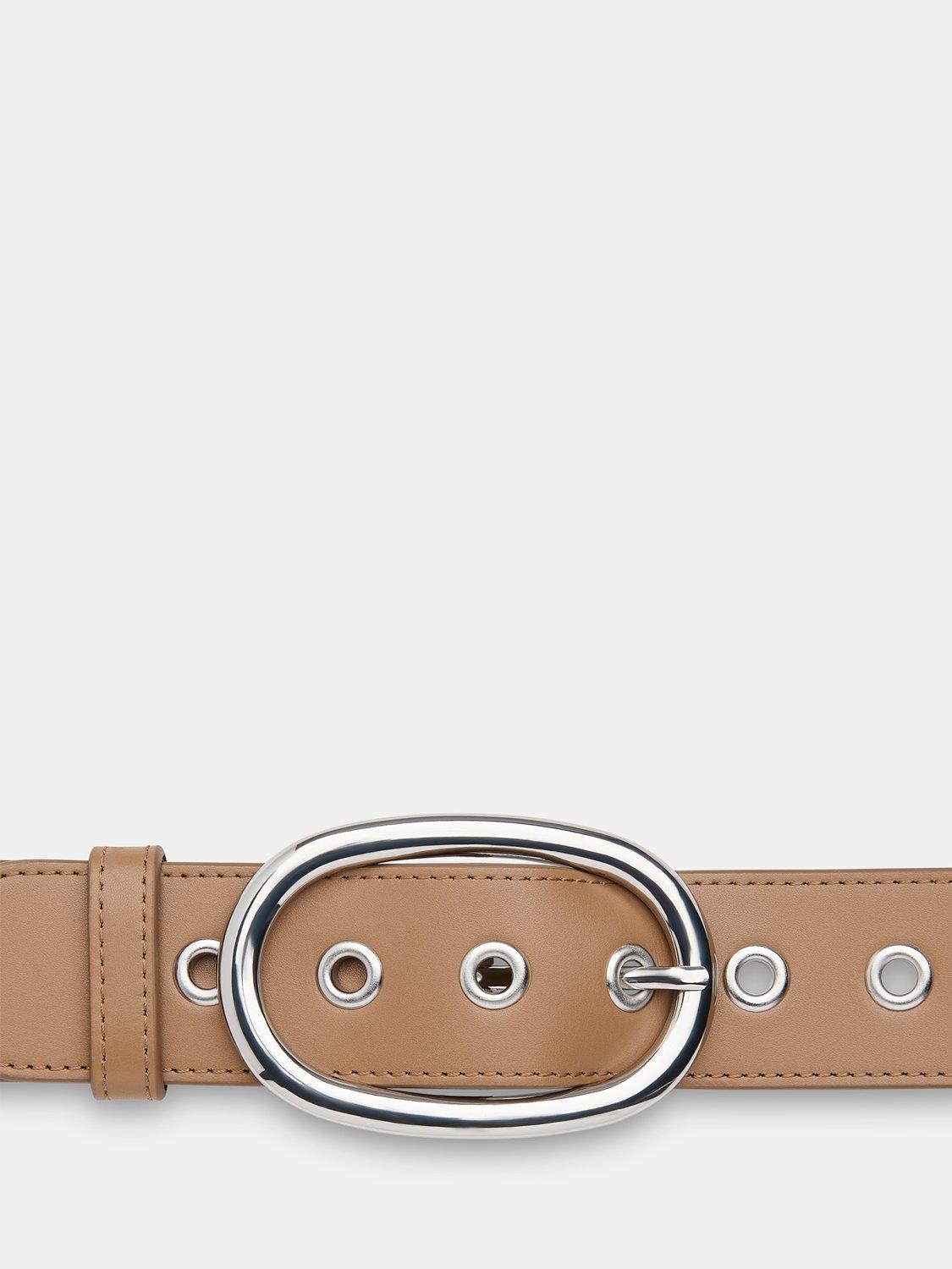 Product image 1 of 3, which shows Whistles Eyelet Detail Leather Belt, Taupe, S