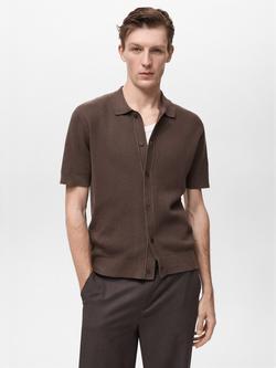 Mango Canario Short Sleeve Cotton Knit Shirt, Dark Brown, Dark Brown