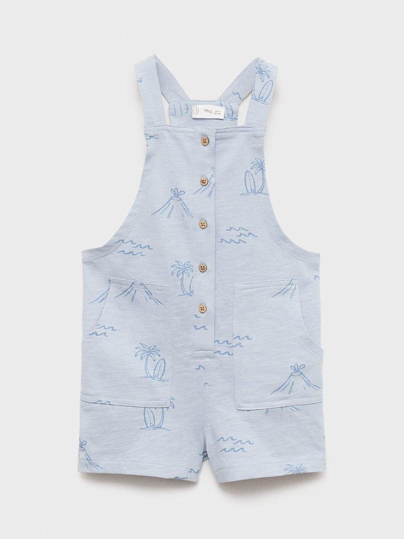 Product image 1 of 4, which shows Mango Kids' Island Print Dungarees, Pastel Blue, 12-18 months