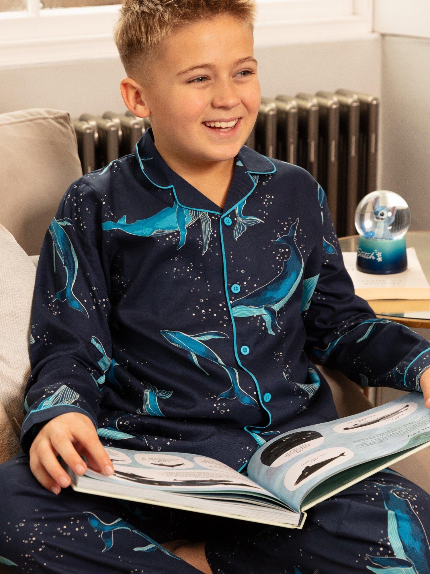 Product image 3 of 4, which shows Cyberjammies Kids' Marina Cotton Blend Whale Print Trouser Pyjamas, Navy, 2-3 years
