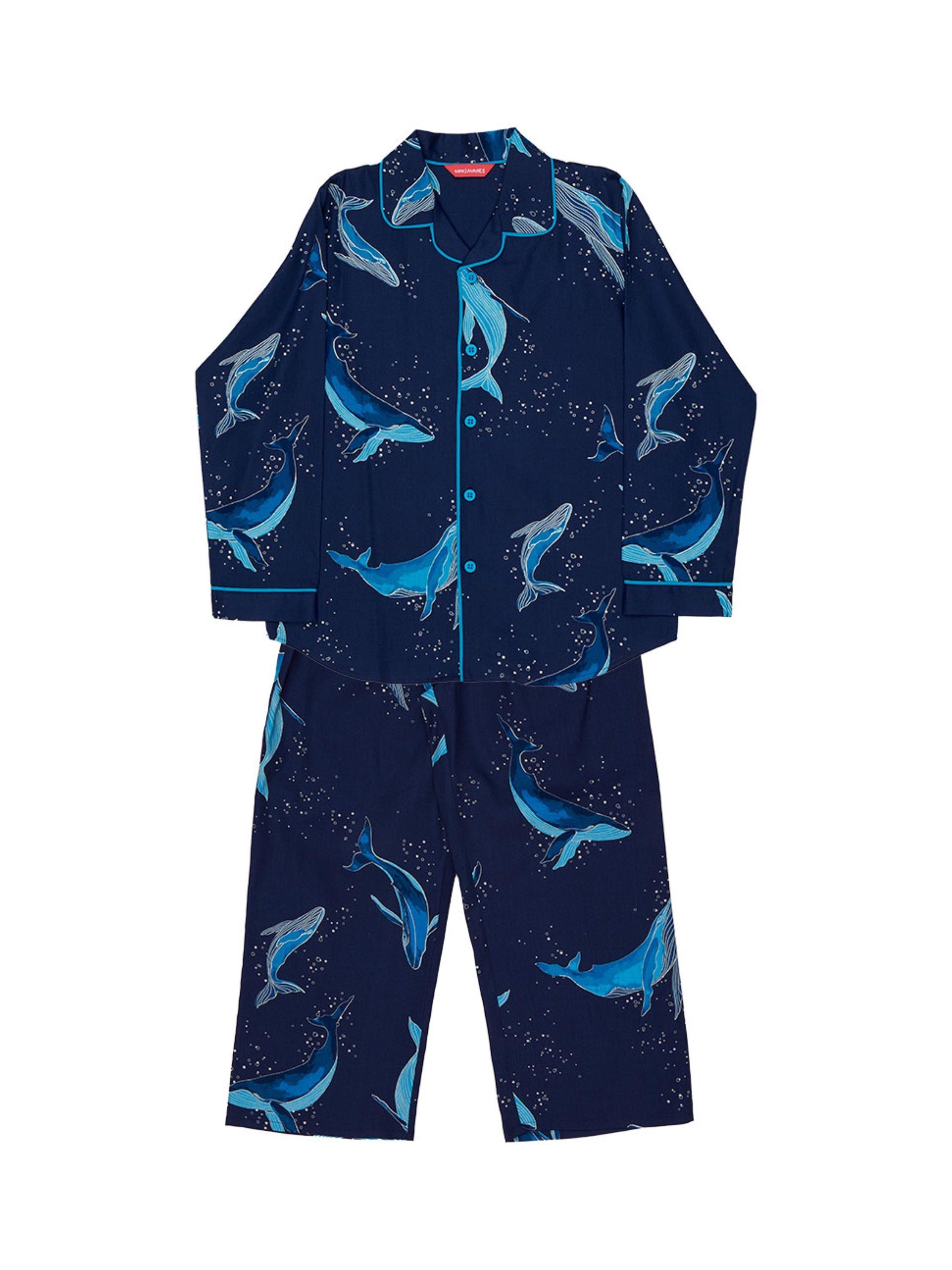 Product image 4 of 4, which shows Cyberjammies Kids' Marina Cotton Blend Whale Print Trouser Pyjamas, Navy, 2-3 years