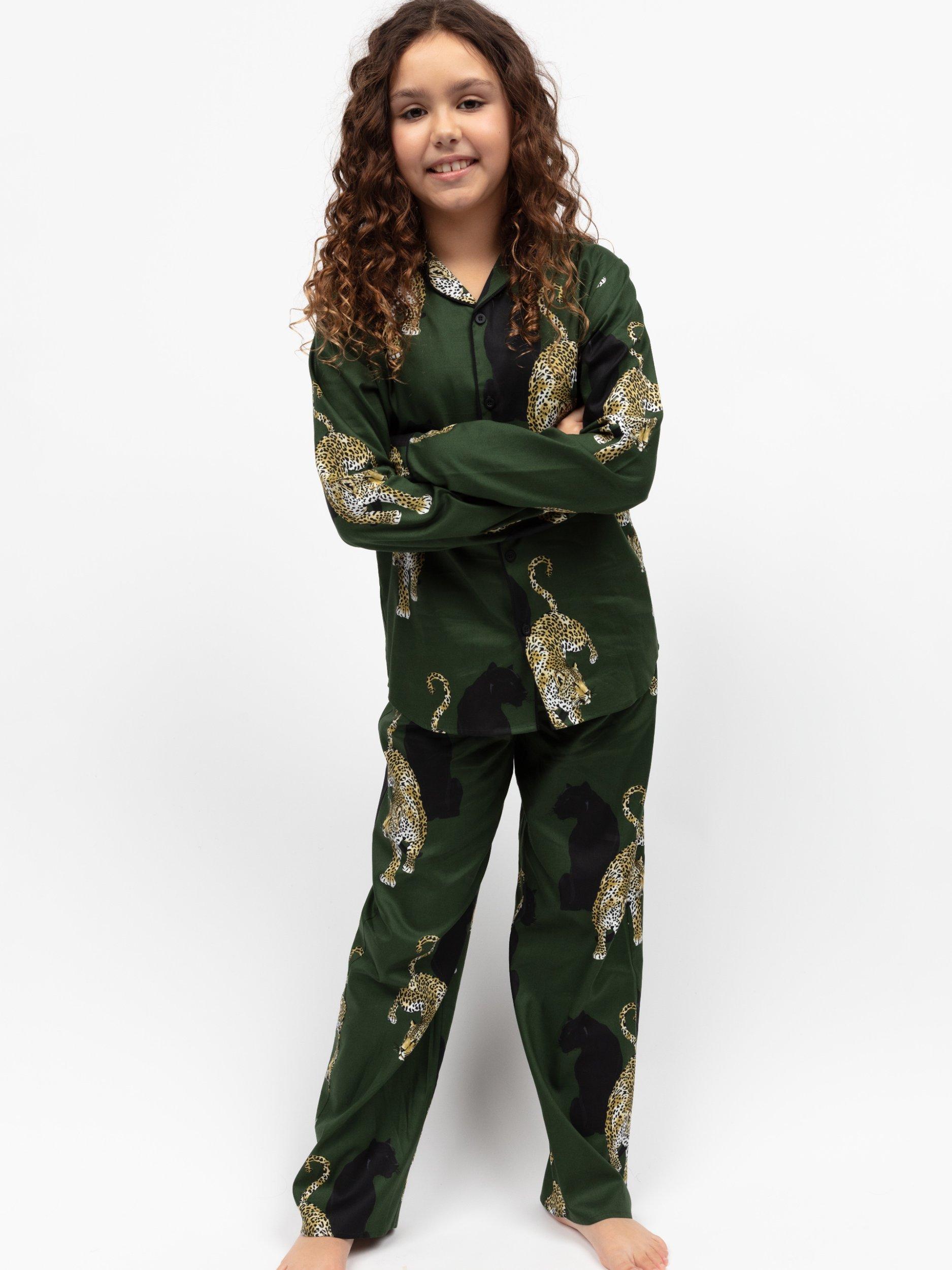 Product image 1 of 4, which shows Cyberjammies Kids' Marina Cotton Blend Leopard Print Trouser Pyjamas, Olive Green, 2-3 years