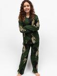 Cyberjammies Kids' Marina Cotton Blend Leopard Print Trouser Pyjamas, Olive Green
