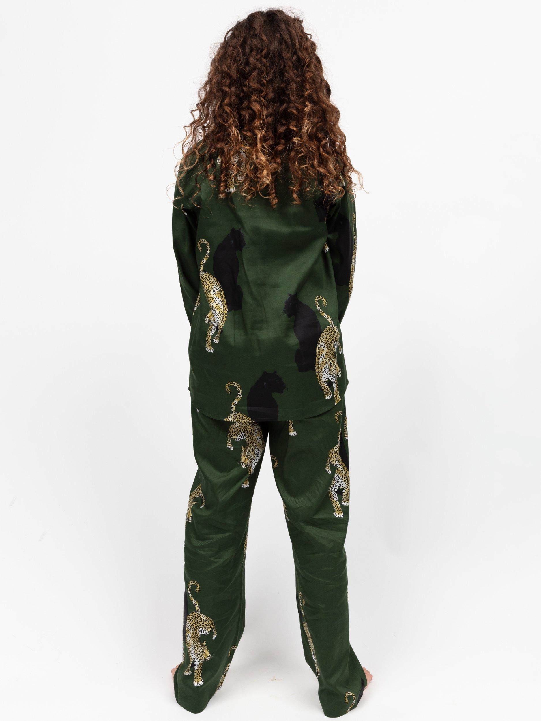 Product image 2 of 4, which shows Cyberjammies Kids' Marina Cotton Blend Leopard Print Trouser Pyjamas, Olive Green, 2-3 years
