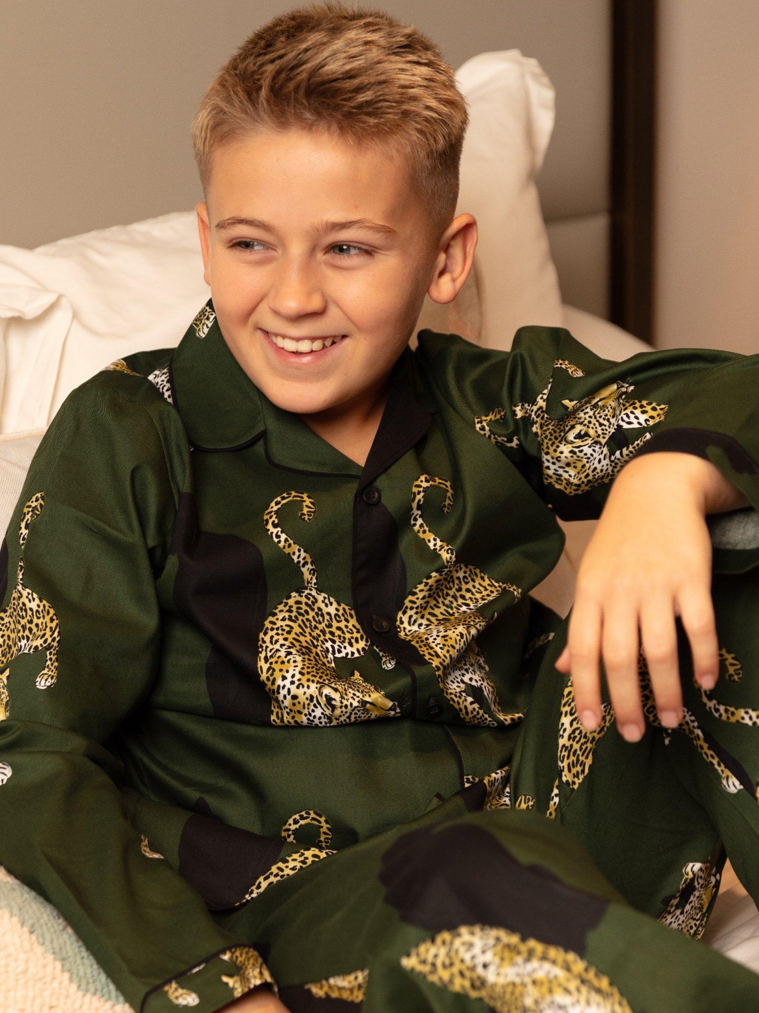 Product image 3 of 4, which shows Cyberjammies Kids' Marina Cotton Blend Leopard Print Trouser Pyjamas, Olive Green, 2-3 years