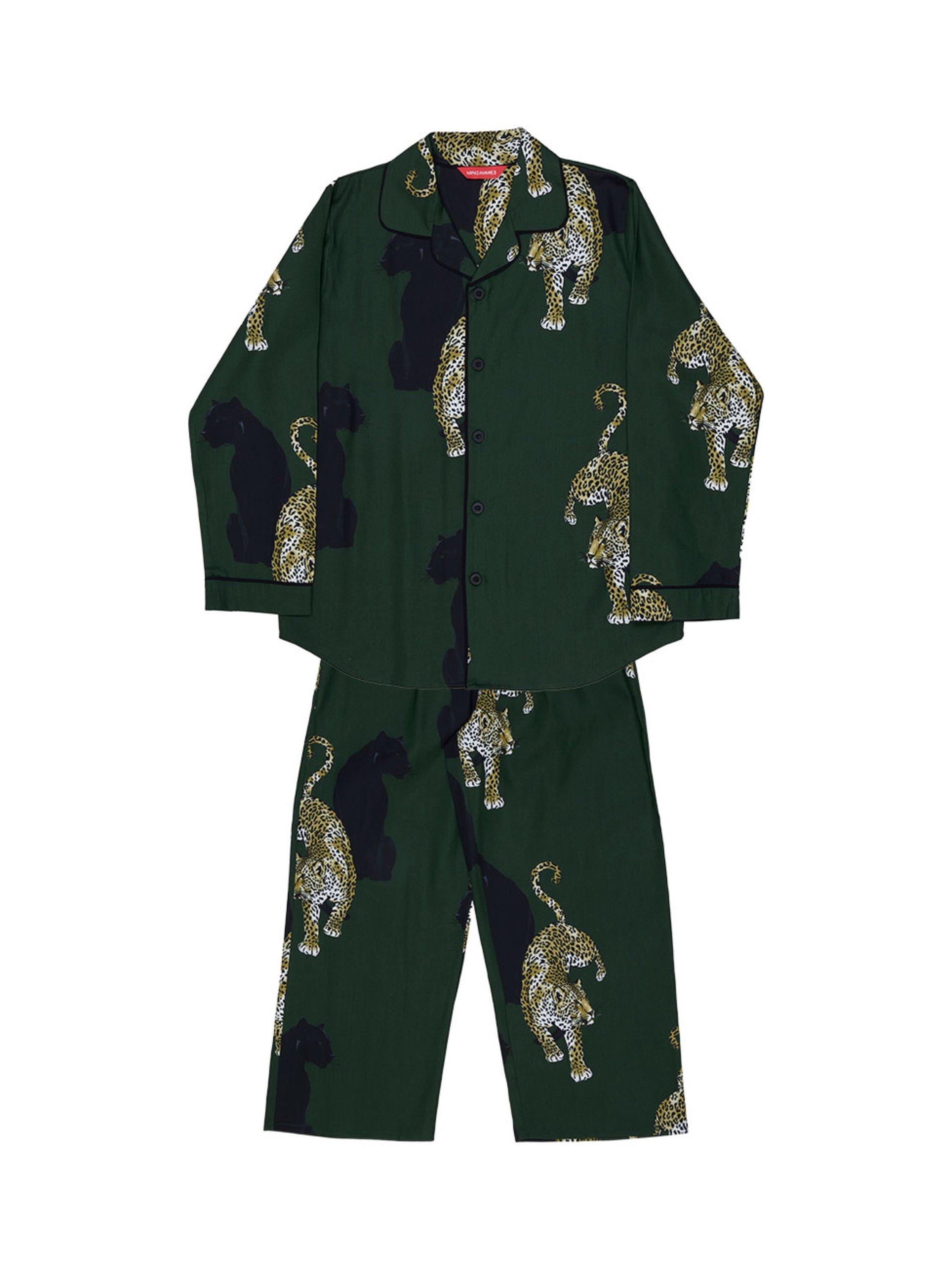 Product image 4 of 4, which shows Cyberjammies Kids' Marina Cotton Blend Leopard Print Trouser Pyjamas, Olive Green, 2-3 years
