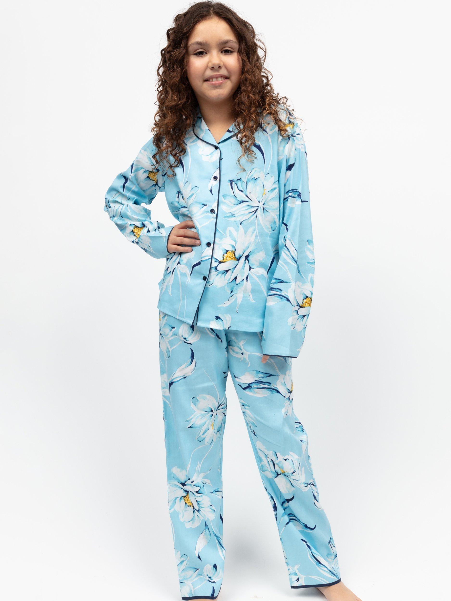 Product image 1 of 4, which shows Cyberjammies Kids' Floral Print Pyjamas, Blue, 2-3 years
