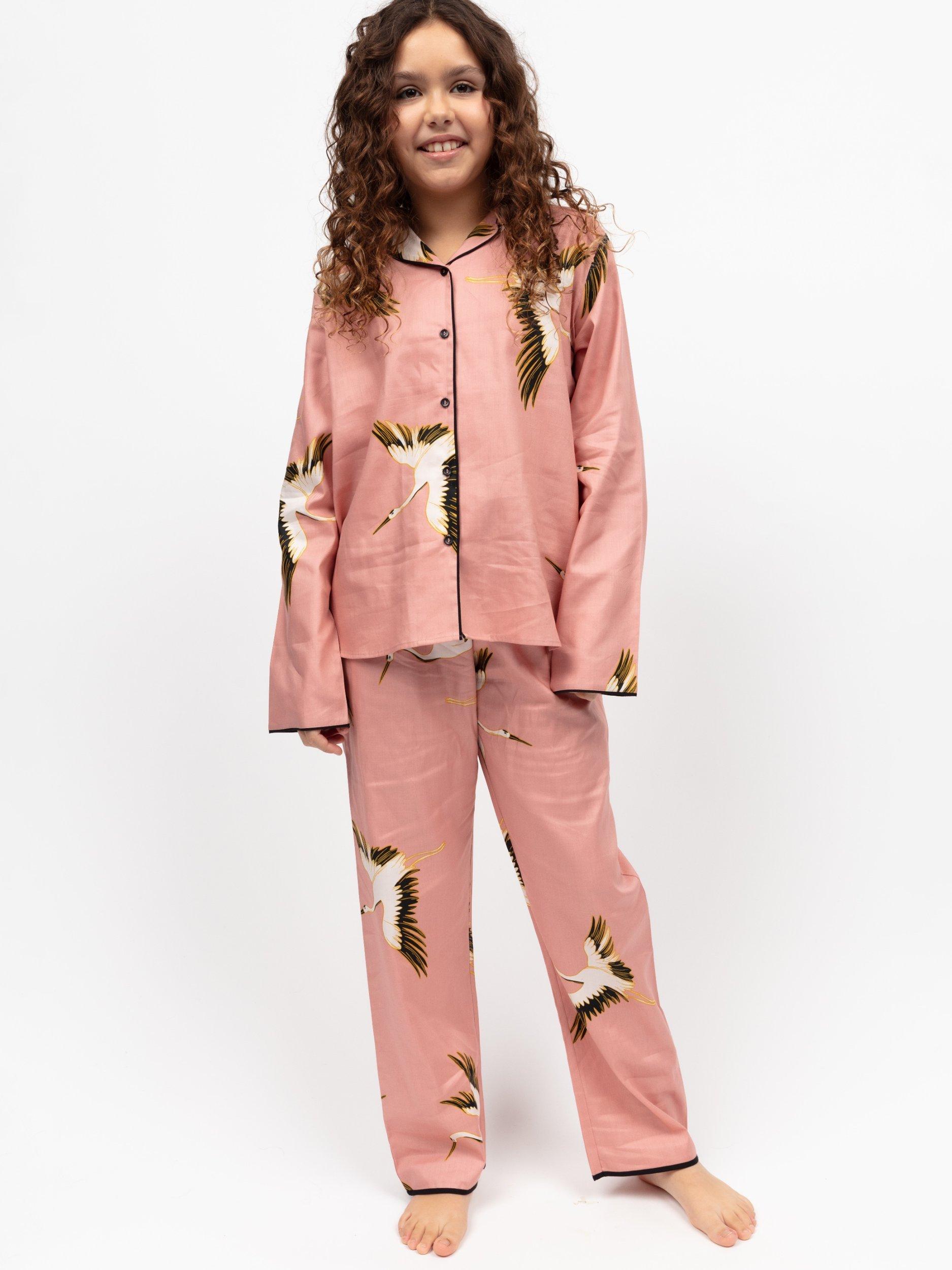 Product image 1 of 4, which shows Cyberjammies Kids' Marina Cotton Blend Crane Print Trouser Pyjamas, Pink, 2-3 years