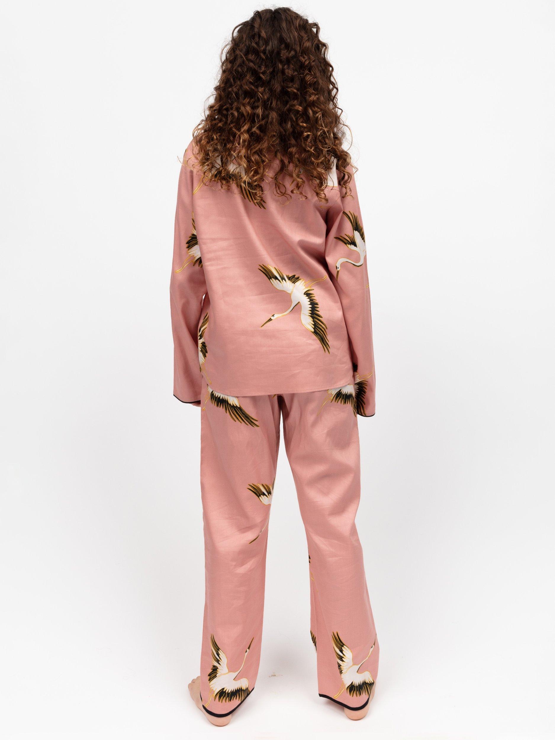 Product image 2 of 4, which shows Cyberjammies Kids' Marina Cotton Blend Crane Print Trouser Pyjamas, Pink, 2-3 years