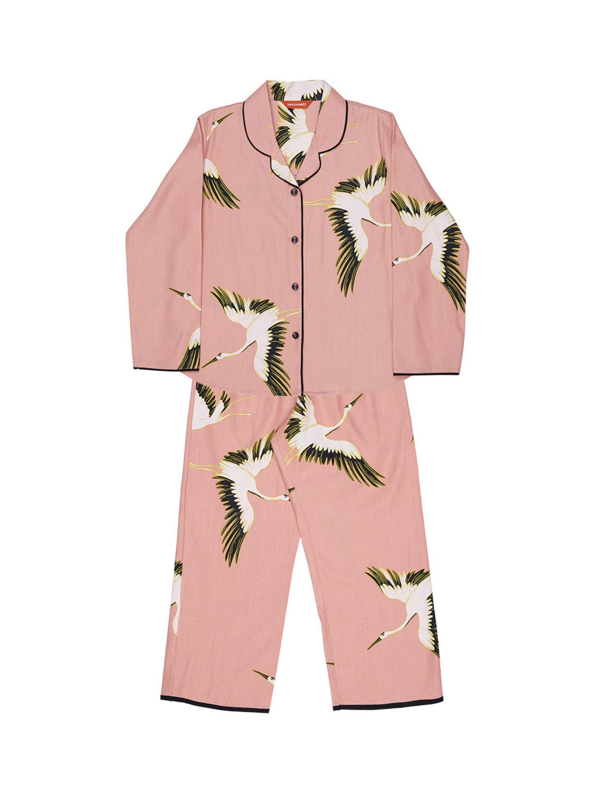 Product image 4 of 4, which shows Cyberjammies Kids' Marina Cotton Blend Crane Print Trouser Pyjamas, Pink, 2-3 years