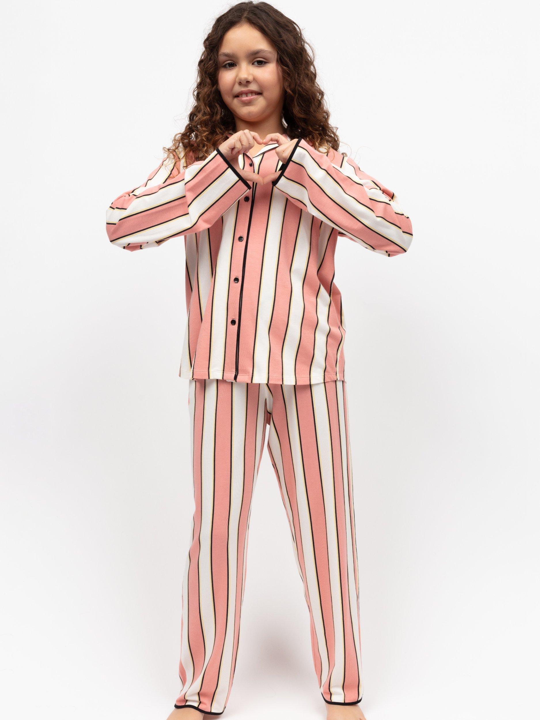 Product image 1 of 4, which shows Cyberjammies Kids' Marina Cotton Blend Striped Trouser Pyjamas, Pink, 2-3 years
