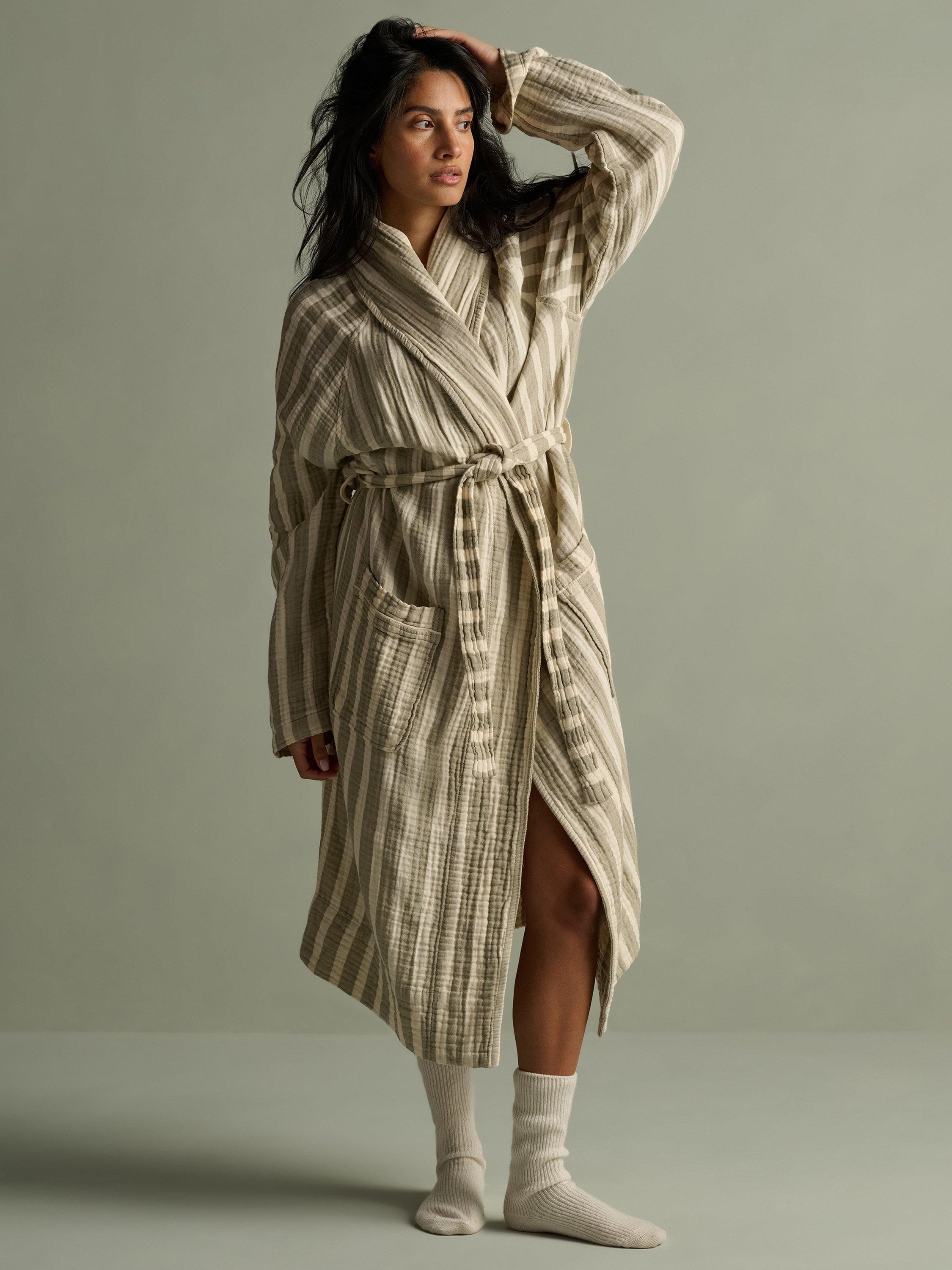 Product image 1 of 6, which shows Bedfolk Unisex Dream Cotton Robe, Sage Stripe, XS