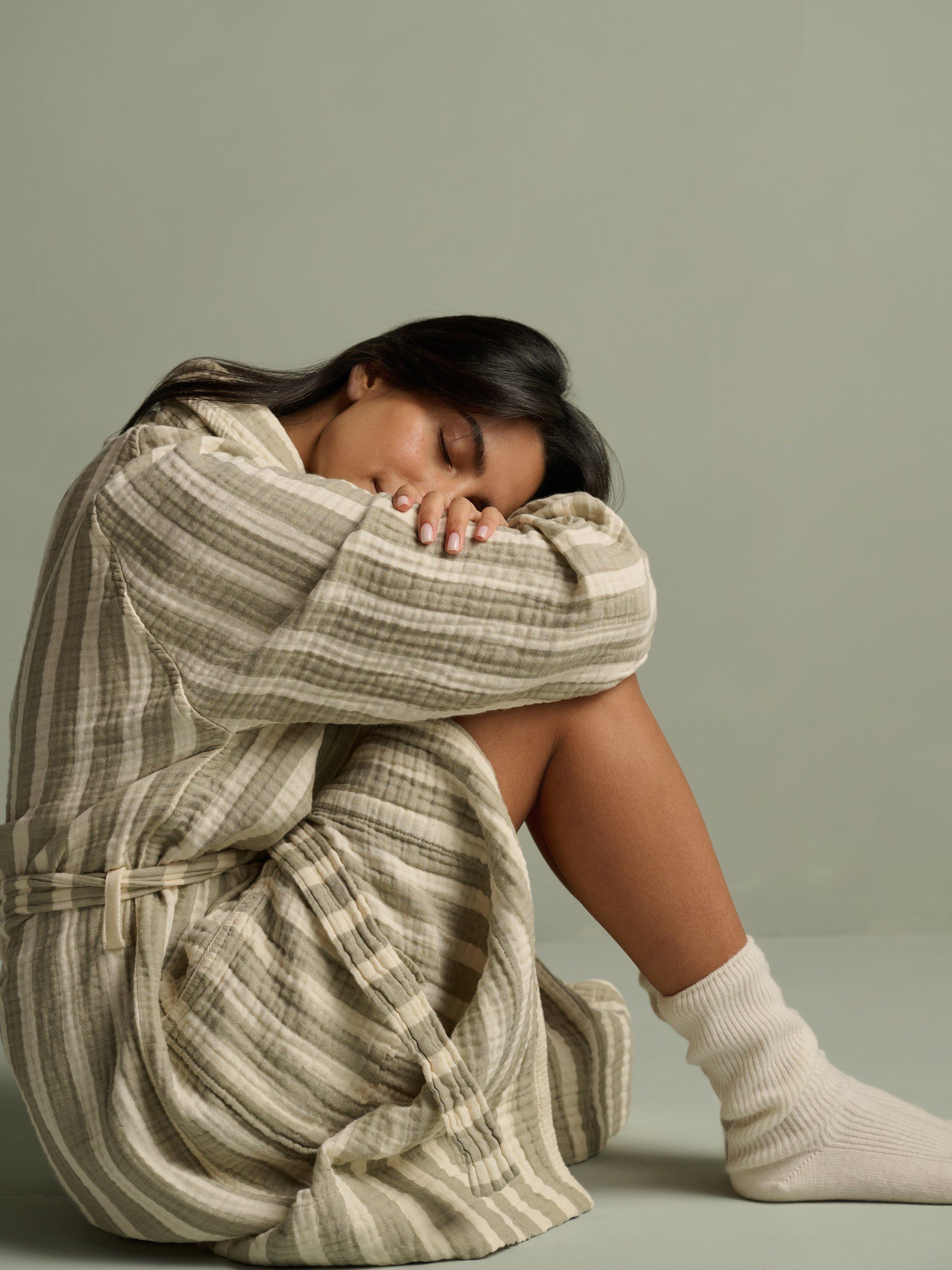 Product image 2 of 6, which shows Bedfolk Unisex Dream Cotton Robe, Sage Stripe, XS