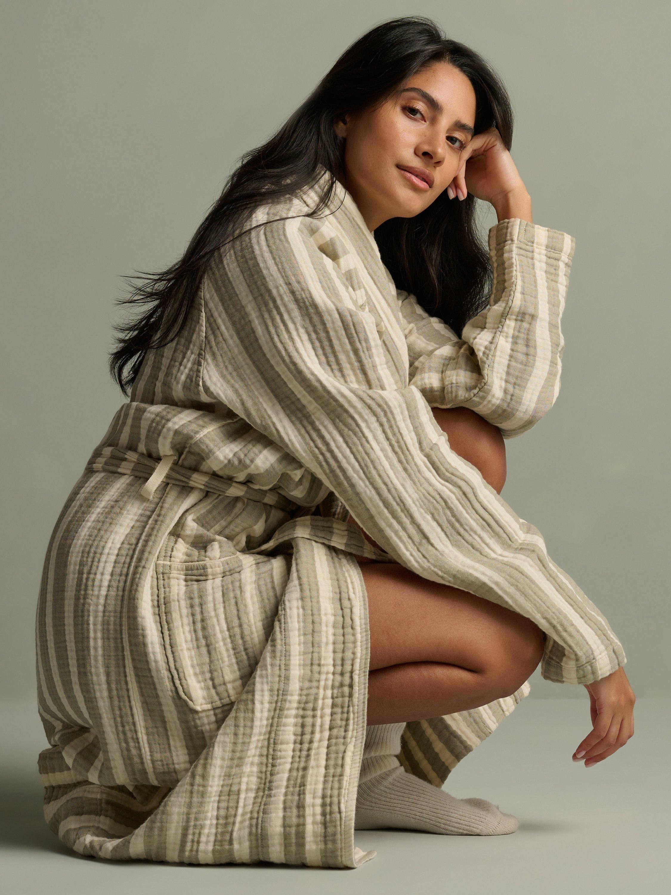 Product image 3 of 6, which shows Bedfolk Unisex Dream Cotton Robe, Sage Stripe, XS