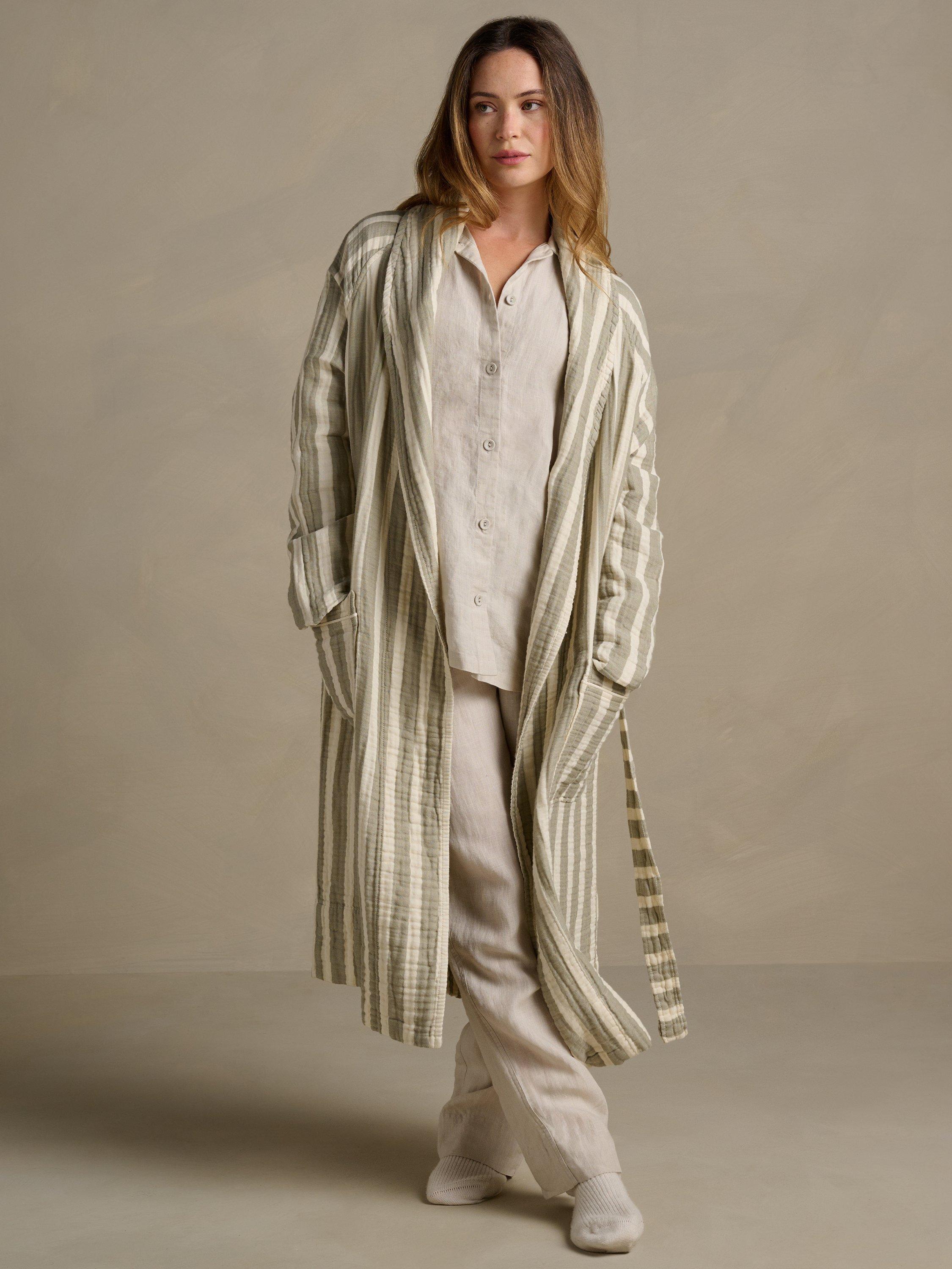 Product image 5 of 6, which shows Bedfolk Unisex Dream Cotton Robe, Sage Stripe, XS
