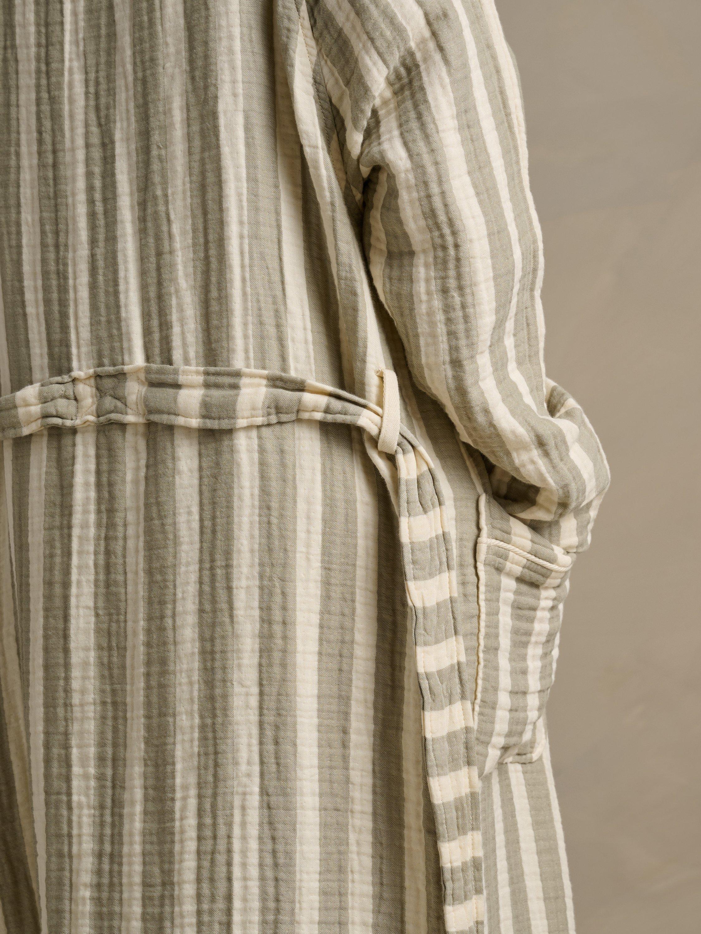 Product image 6 of 6, which shows Bedfolk Unisex Dream Cotton Robe, Sage Stripe, XS