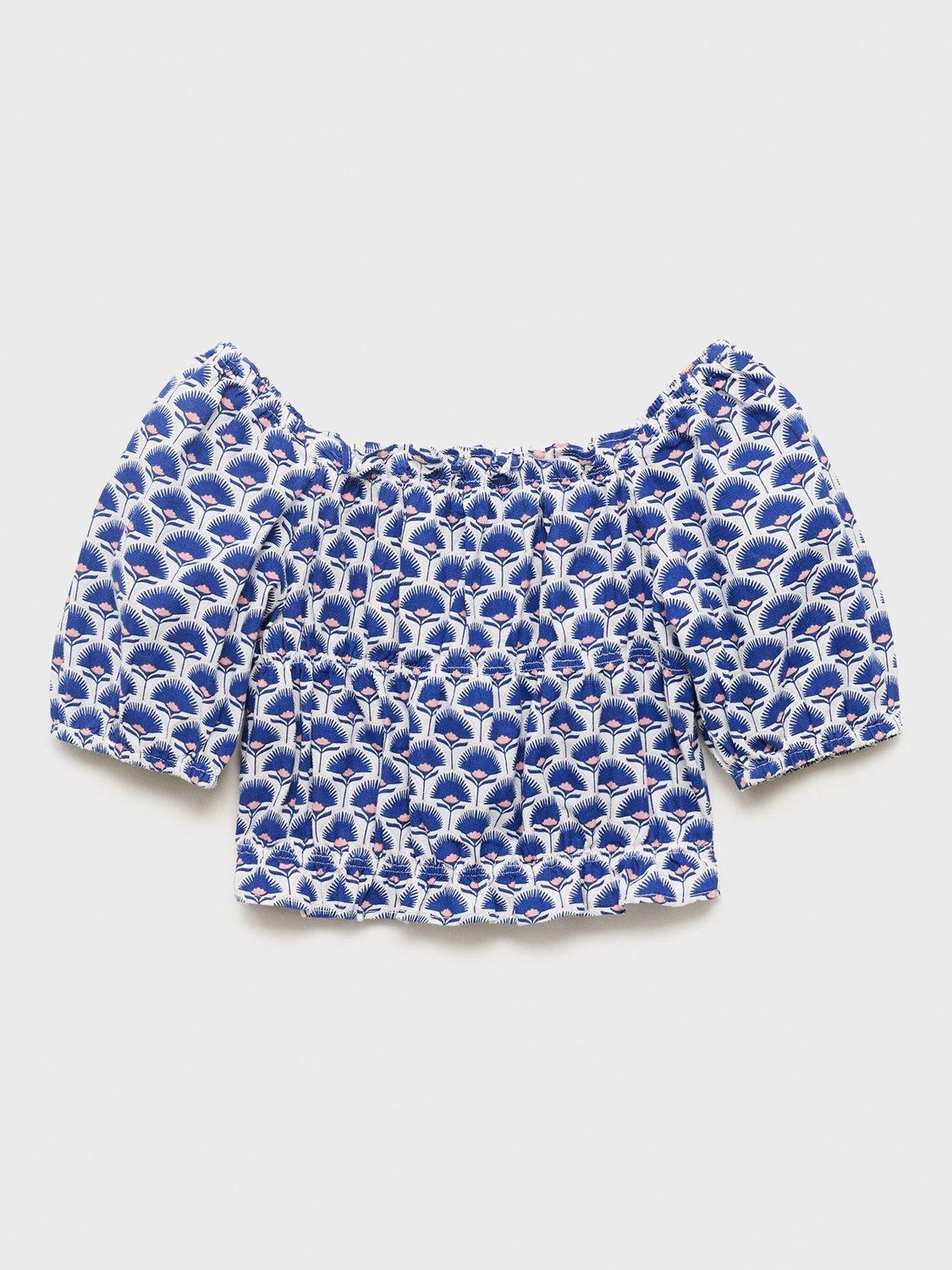 Product image 1 of 4, which shows Mango Kids' Kotao Cotton Short Sleeved Printed Blouse, Medium Blue, 9 years