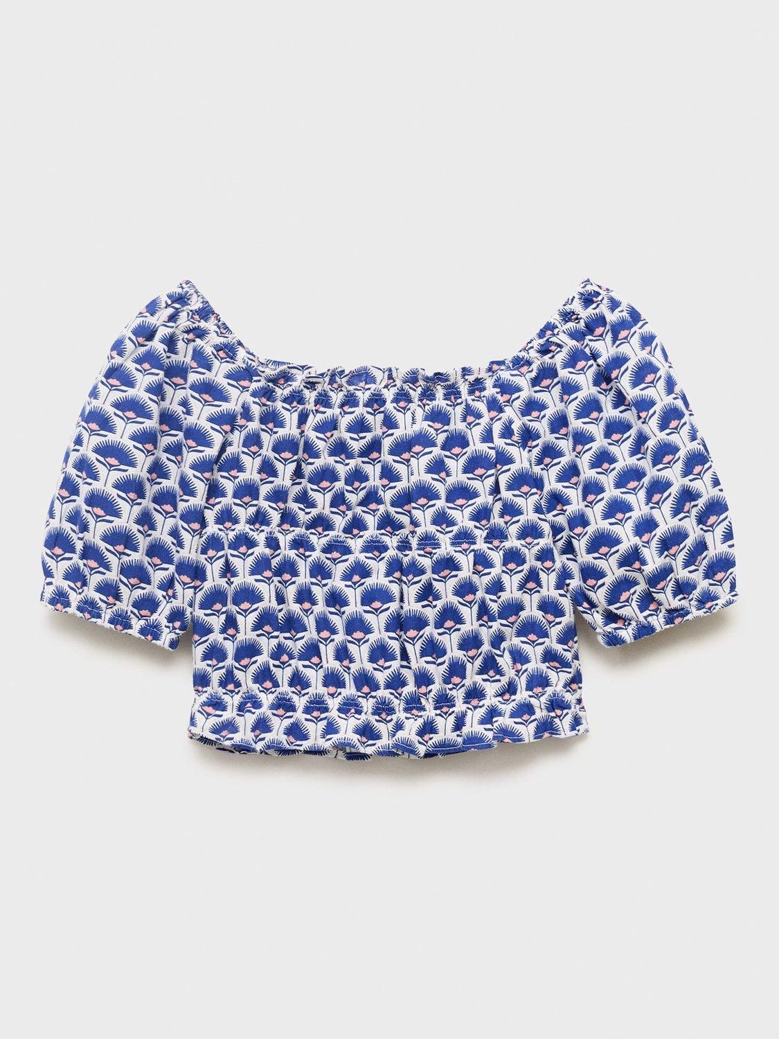 Product image 2 of 4, which shows Mango Kids' Kotao Cotton Short Sleeved Printed Blouse, Medium Blue, 9 years