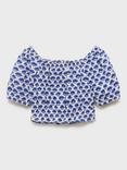 Mango Kids' Kotao Cotton Short Sleeved Printed Blouse, Medium Blue