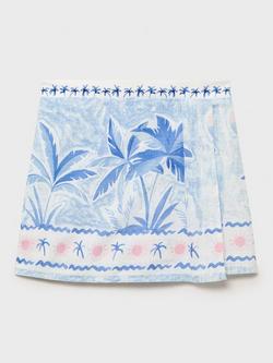 Mango Kids' Phiphi Cotton A-Line Palm Print Mini Skirt, Medium Blue, Medium Blue