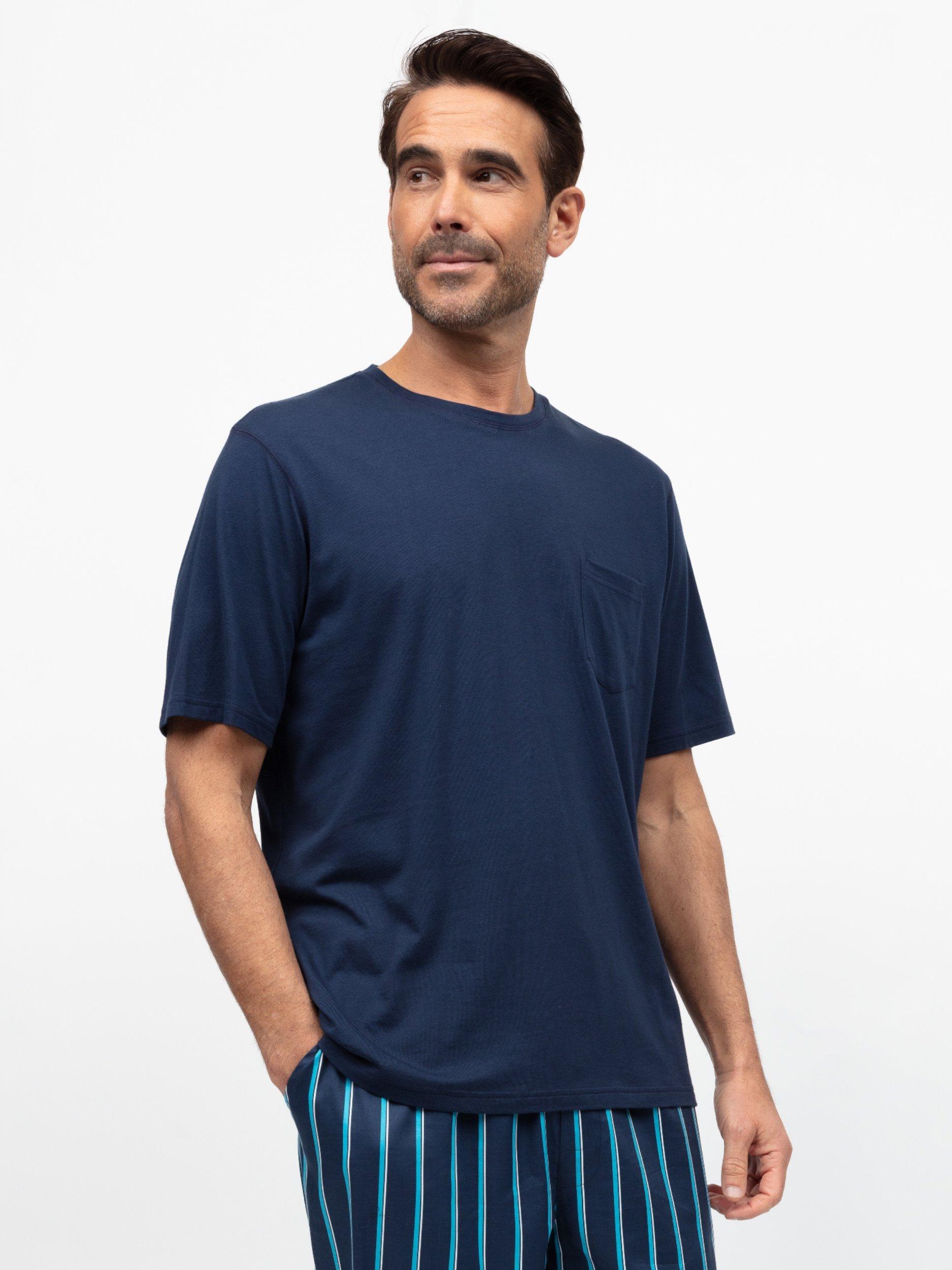 Product image 1 of 4, which shows Cyberjammies Cotton Modal Blend Short Sleeve Pyjama Top, Navy, S